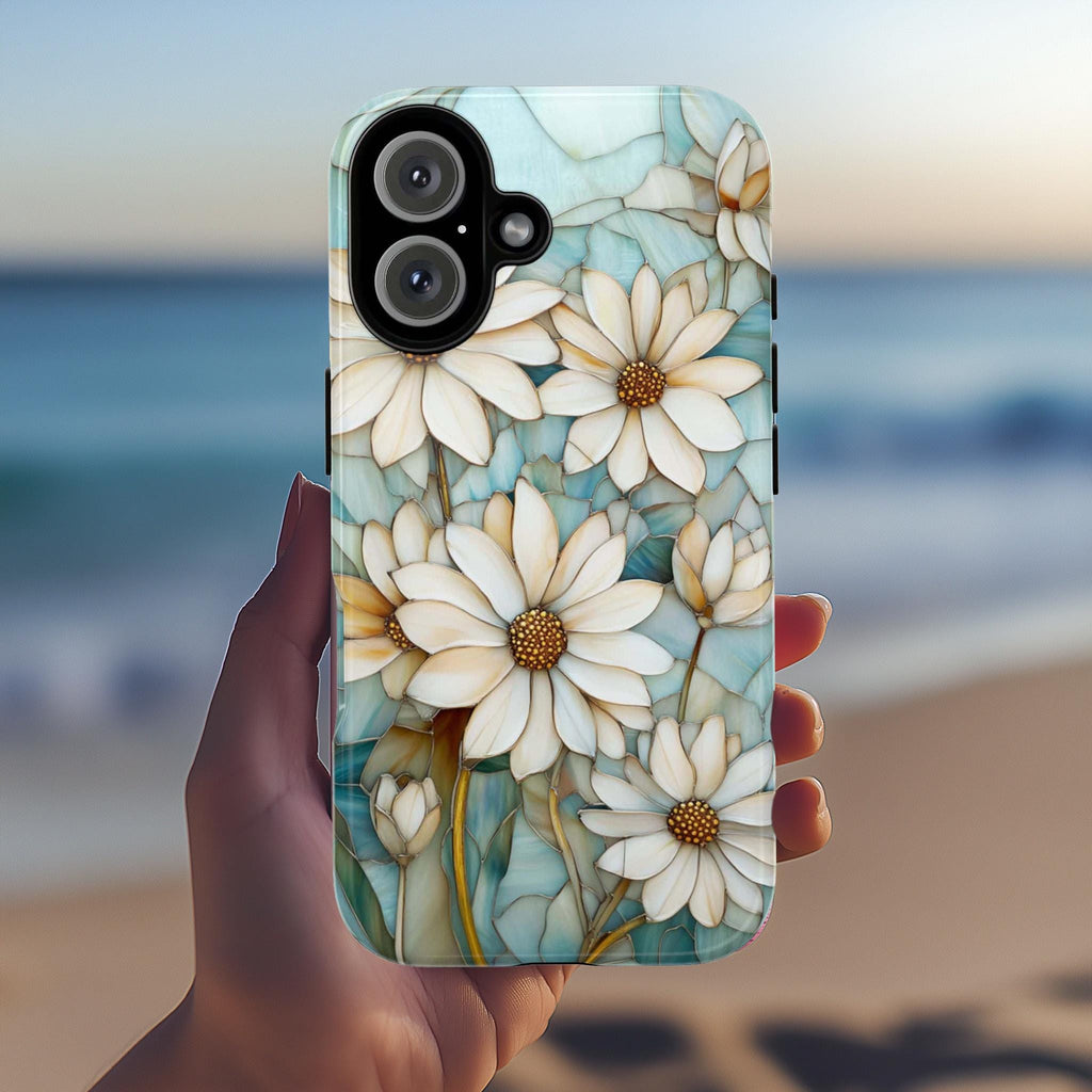 Stained Glass Daisy Floral Phone Case | Elegant Flower Design for iPhone 16 Tough or Magsafe 15 14 13 Plus Pro Max, Galaxy S25, 418.3