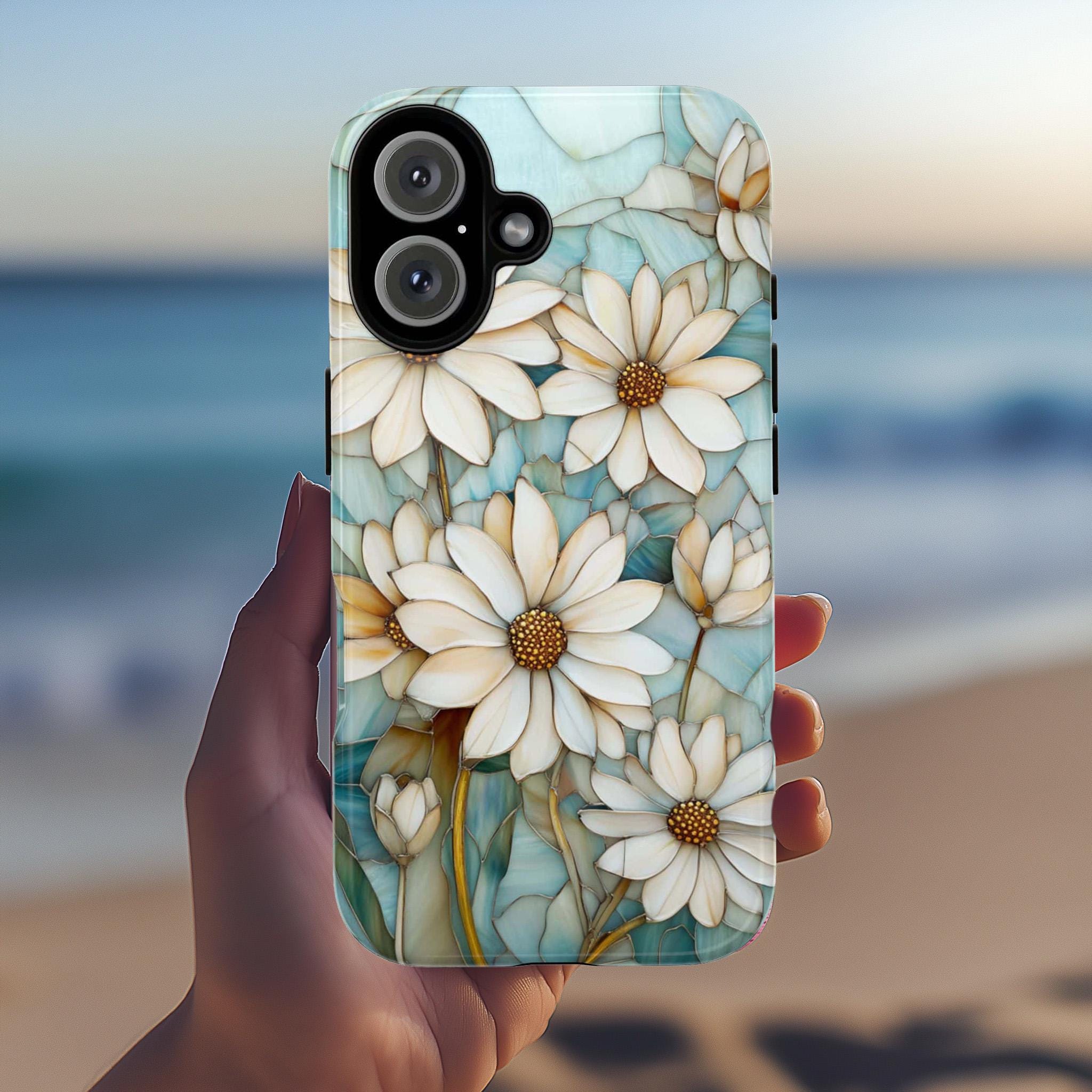 Stained Glass Daisy Floral Phone Case | Elegant Flower Design for iPhone 16 Tough or Magsafe 15 14 13 Plus Pro Max, Galaxy S25, 418.3