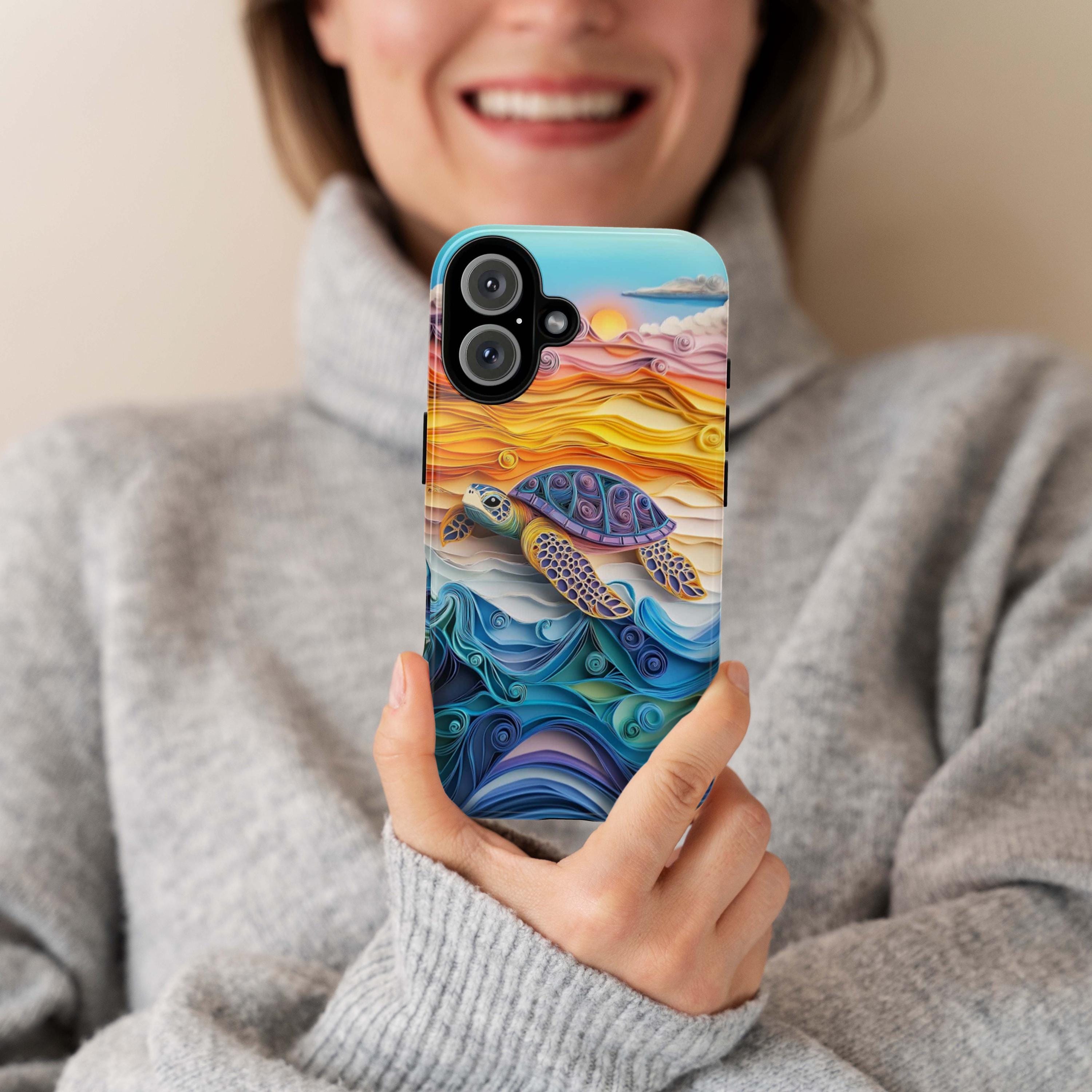 Sea Turtle Phone Case, Vibrant Rainbow Ocean & Sunset Quilling-inspierd Art Cover for iPhone 16 15 Tough or Magsafe, Samsung S25, 455.18