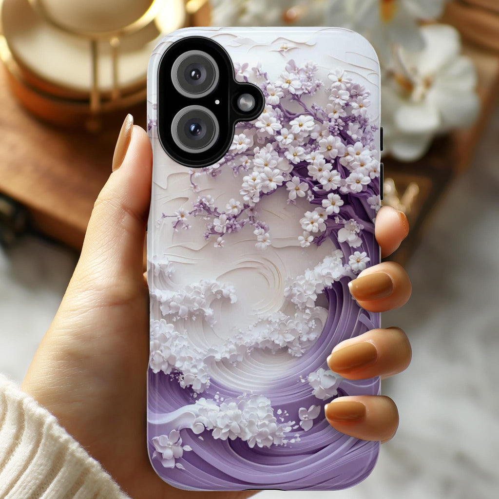 Sakura Cherry Blossom & Waves Phone Case, Purple Japanese Art Cover, 3D Elegant Floral Case for iPhone 16 15 14 Magsafe, Samsung S25, 469.2