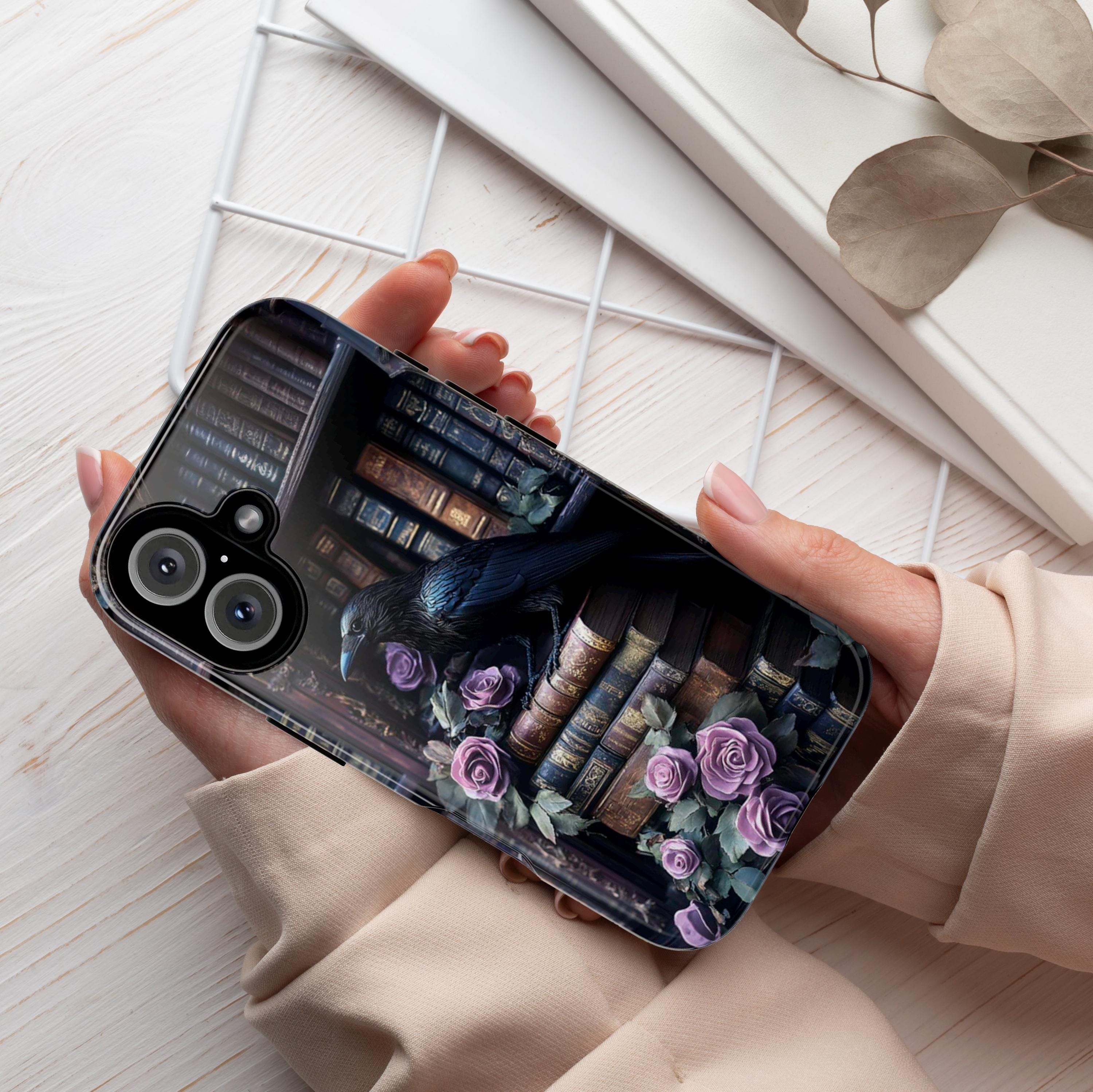 Black Crow with Autumn Bookshelf and Flowers Phone Case, Gothic Dark Academia, Mystical Cat and Floral Art for iPhone 16, Samsung, 423.8