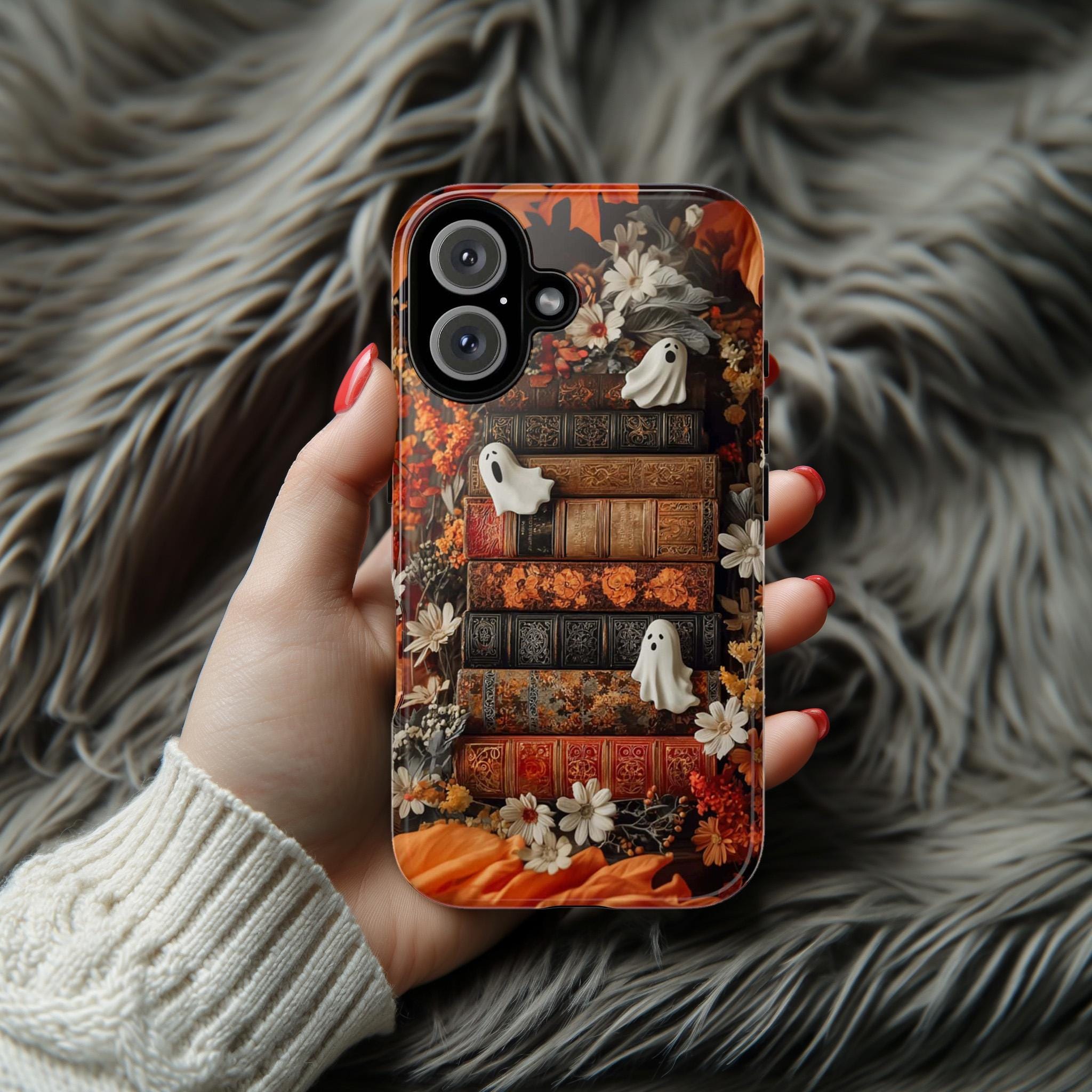 Cute Ghosts & Bookshelf Phone Case | Autumn Halloween Floral Case, Cozy Spooky Cover for iPhone 16 15 Tough or Magsafe, Samsung, 475.24