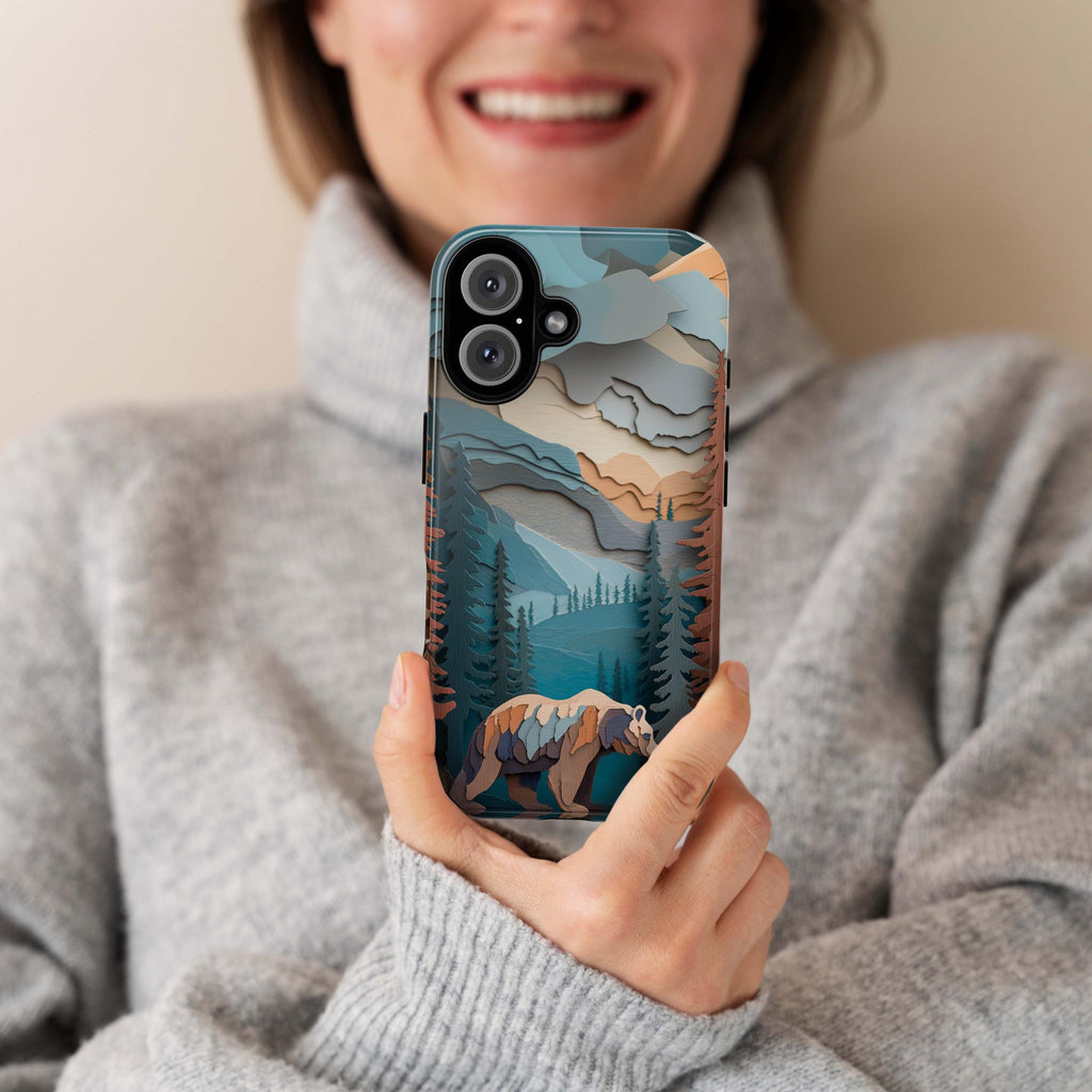Forest Phone Case with Bear Design, Wildlife Woodland Art for Outdoor Lovers for iPhone 16 15 14 13 Tough or Magsafe, Samsung, 470.17