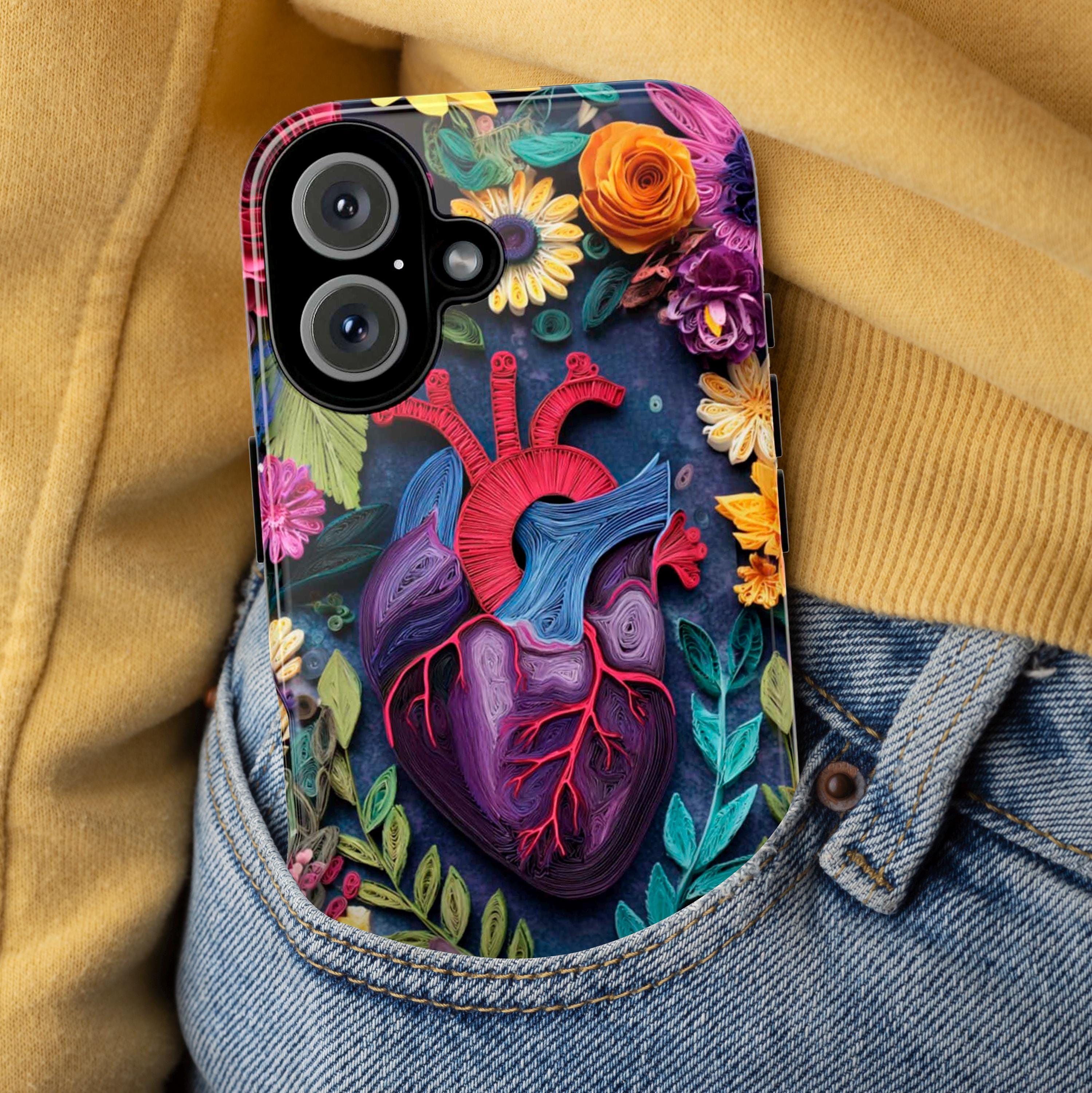Anatomy Heart & Floral Quilling Paper Art 3D Phone Case, Artistic Nature Cover for iPhone 16 15 14 Tough or Magsafe, Samsung, 470.18