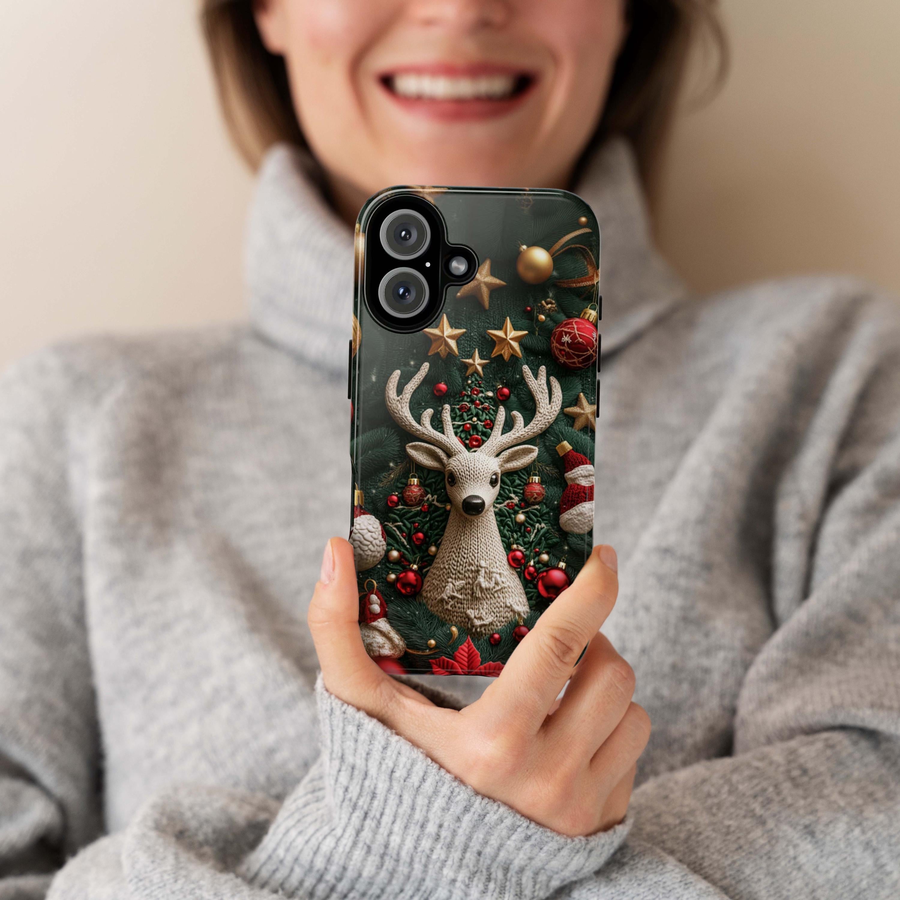 3D Knitted Christmas Reindeer Phone Case, Festive Knit Effect Holiday Design, Christmas Ornaments Mobile Cover, Protective Xmas Gift, 443.2