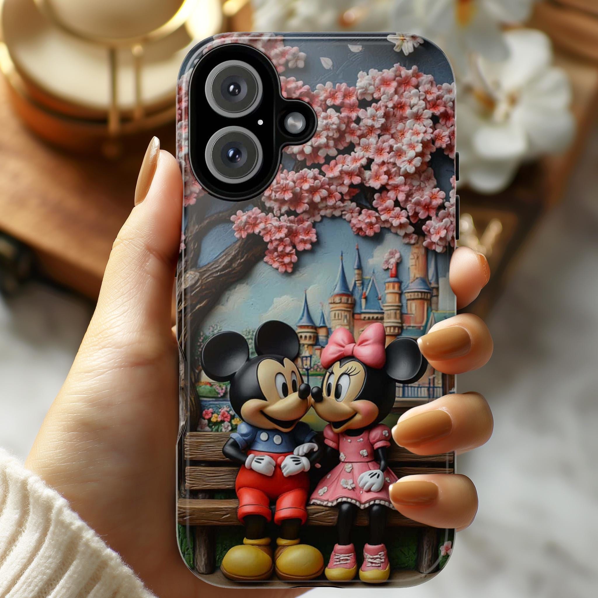 Japanese Cherry Blossom Mickey Minnie Phone Case, 3D Tokyo Disneyland Phone Cover for iPhone 16, 15, 14 Tough or Magsafe, Samsung, 442.45