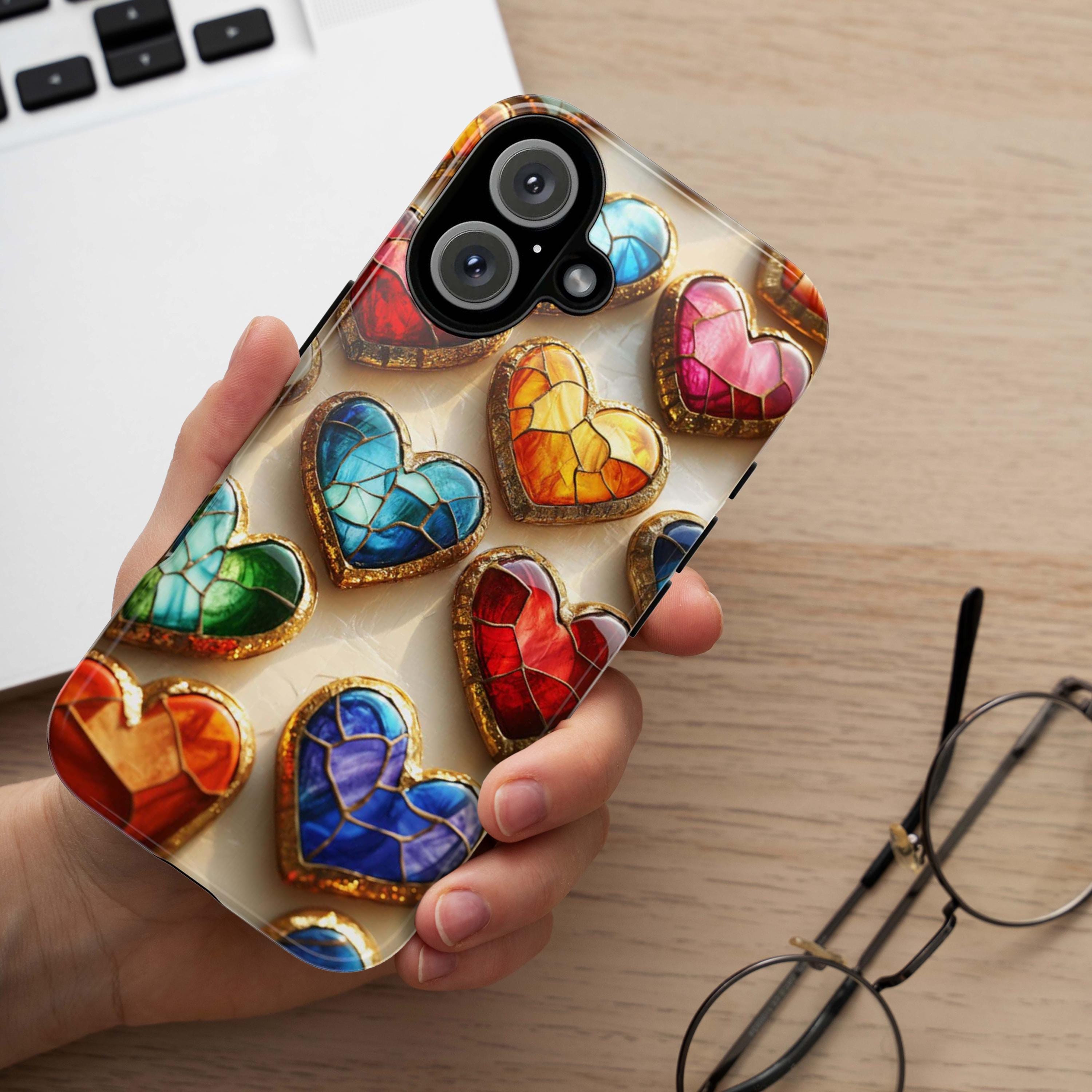 Stained Glass Colorful Hearts Phone Case, 3D Design, Perfect for Valentines Day Gift, Artistic Case for iPhone Magsafe, Samsung, 462.3