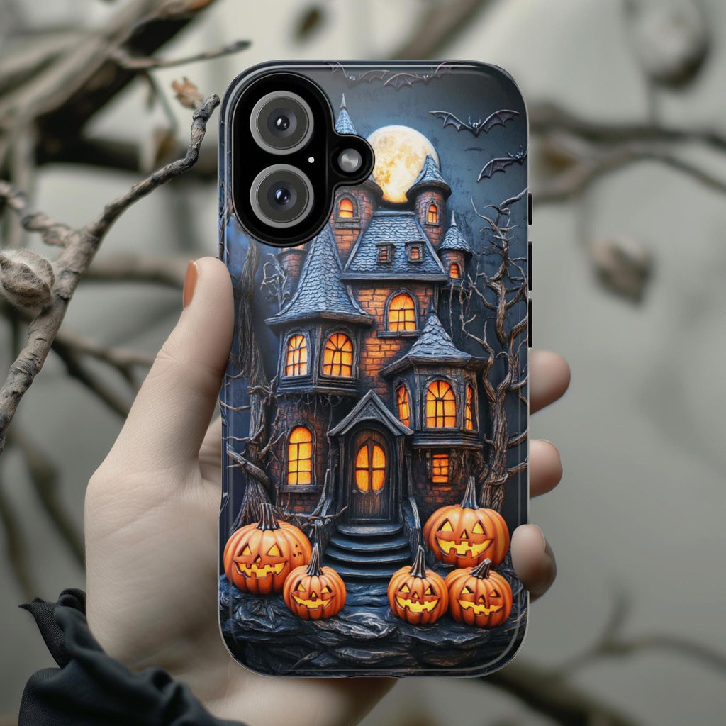 Halloween Haunted House Phone Case, 3D Effect Spooky Design with Pumpkins, Creepy Autumn Cover for iPhone Tough or Magsafe, Samsung, 475.1