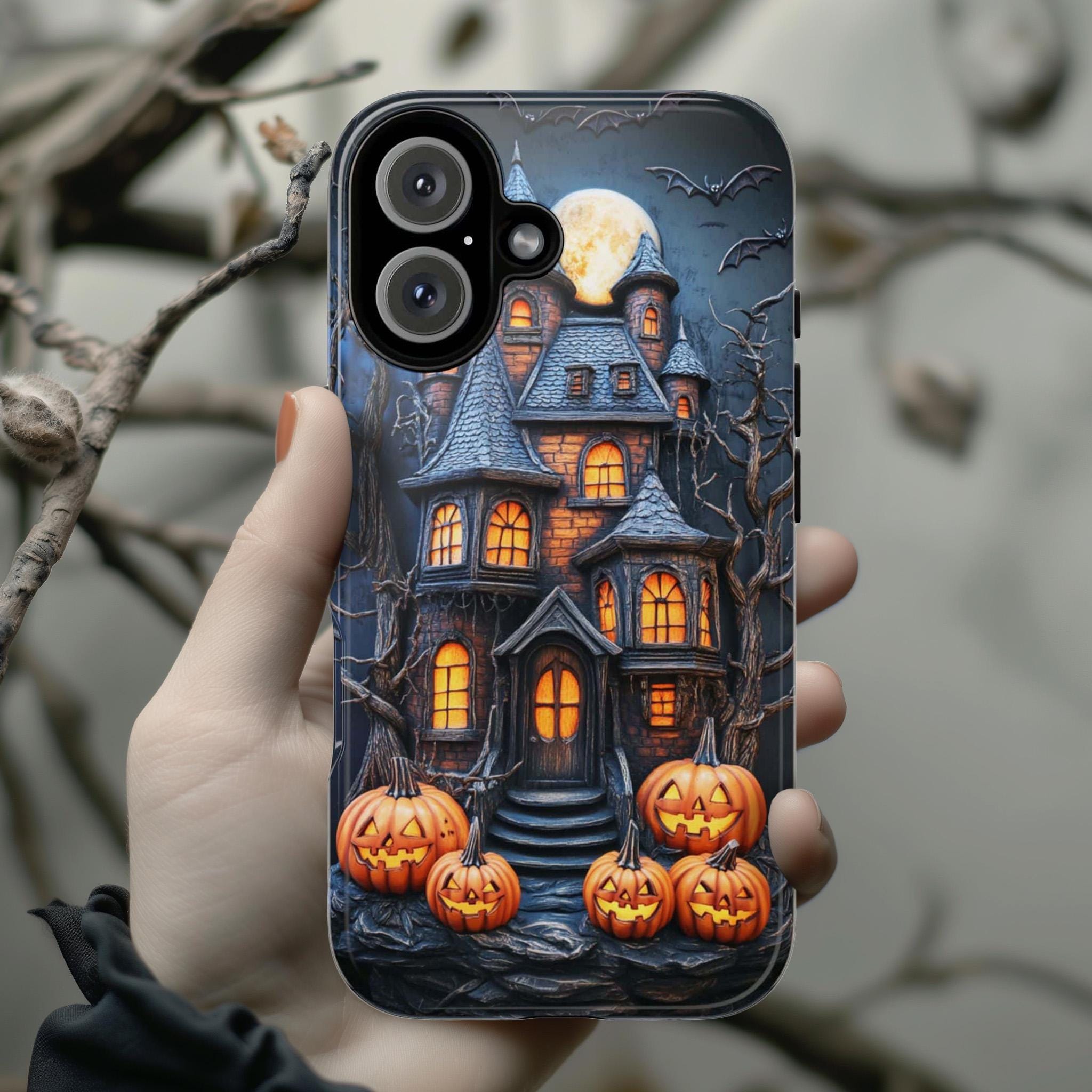 Halloween Haunted House Phone Case, 3D Effect Spooky Design with Pumpkins, Creepy Autumn Cover for iPhone Tough or Magsafe, Samsung, 475.1