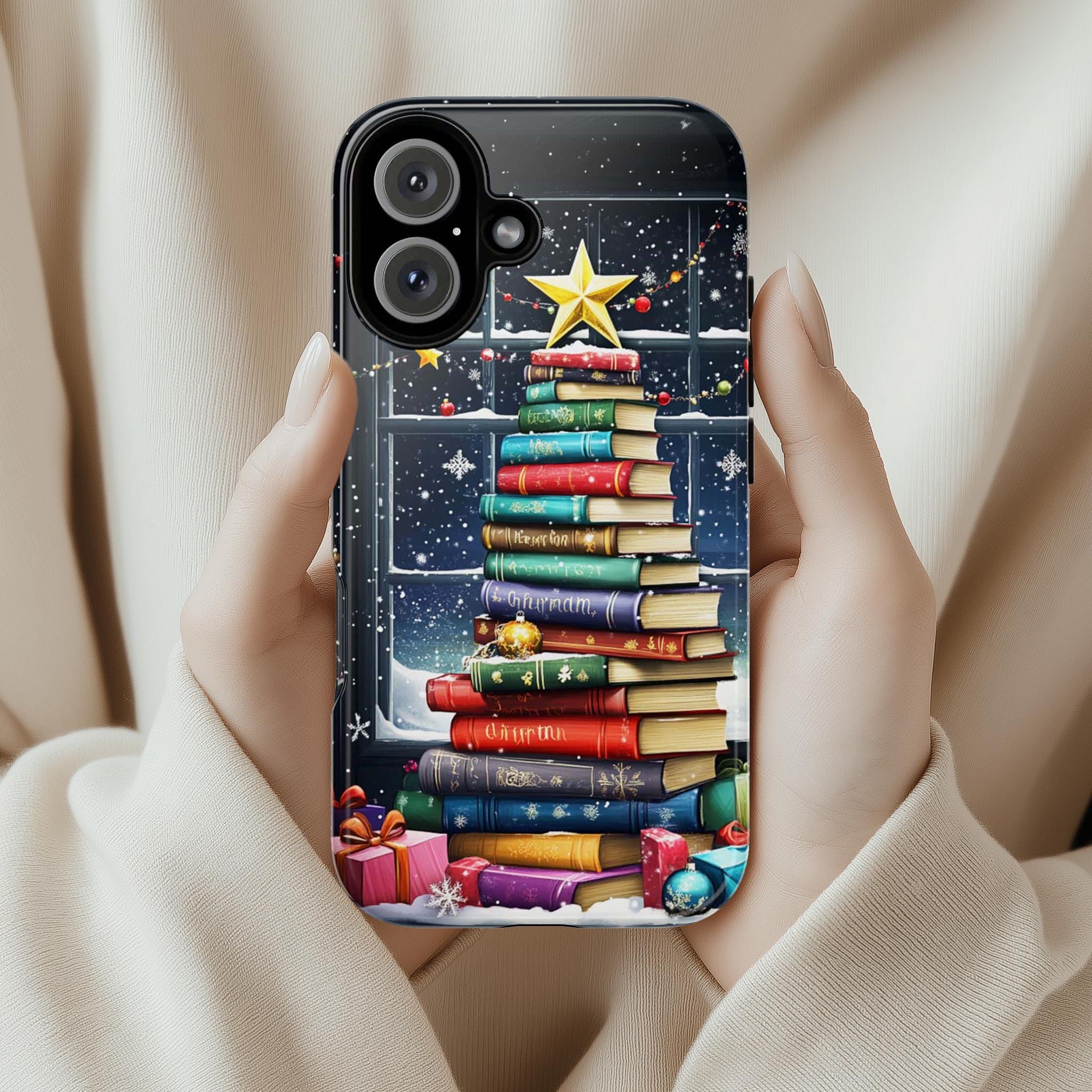 Christmas Tree with Books Holiday Phone Case, Elegant Winter Snowy Scenet Case for iPhone 16 Pro Max 15 14 Plus, Samsung S25, 431.1