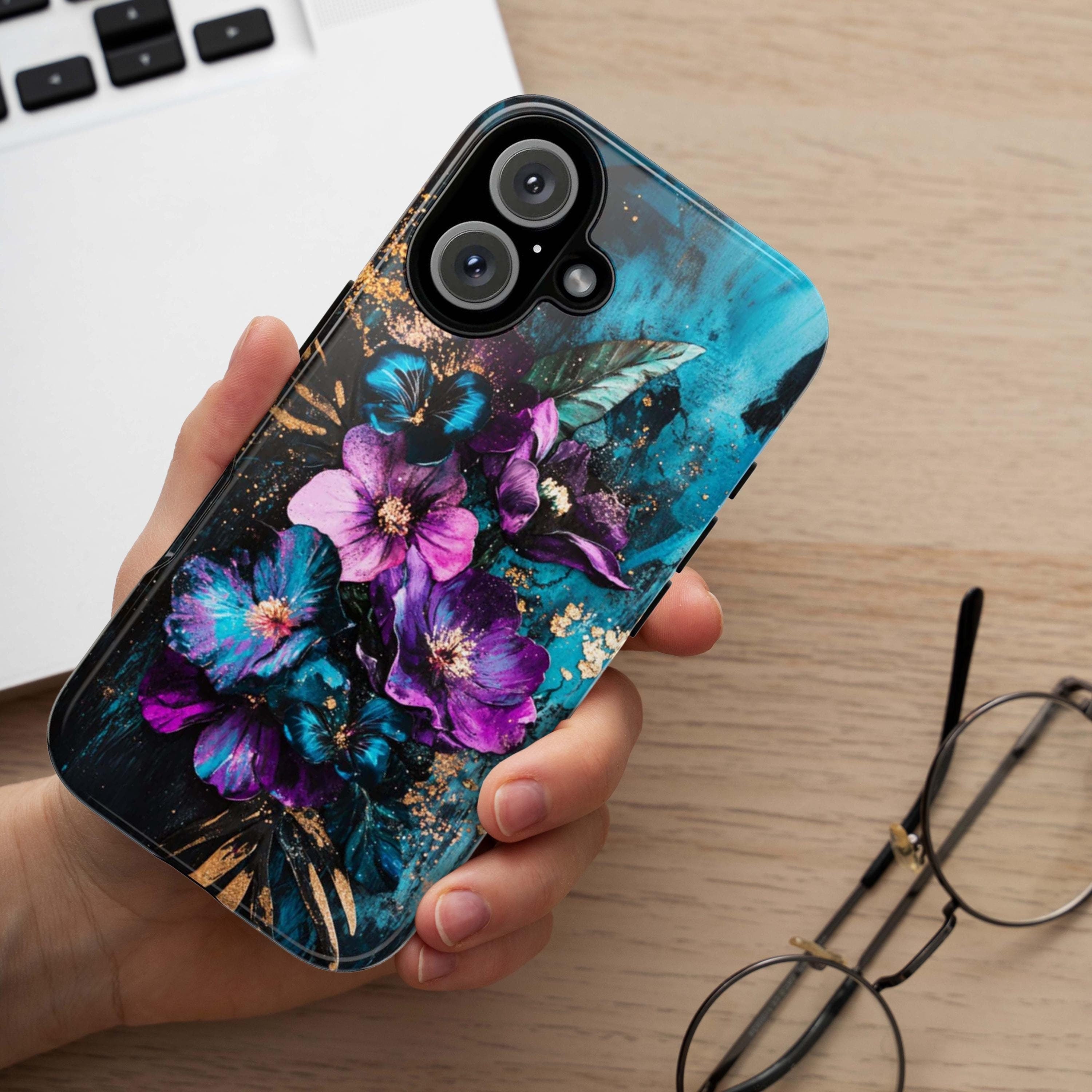 Purple Floral Art Phone Case, Glitter Blossom Painted Design, Teal Floral Case iPhone 16 15 14 13 Pro Max Plus Magsafe, Samsung S24, 436.1