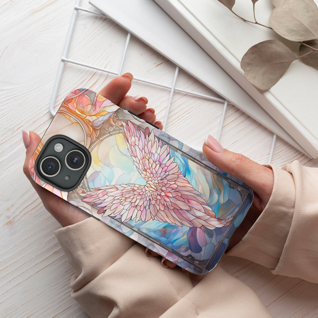 Stained Glass Angel Wings Phone Case, Aesthetic Phone Cover for iPhone 16 15 14 13 Magsafe, Pro Max Plus Samsung Galaxy S25, 358