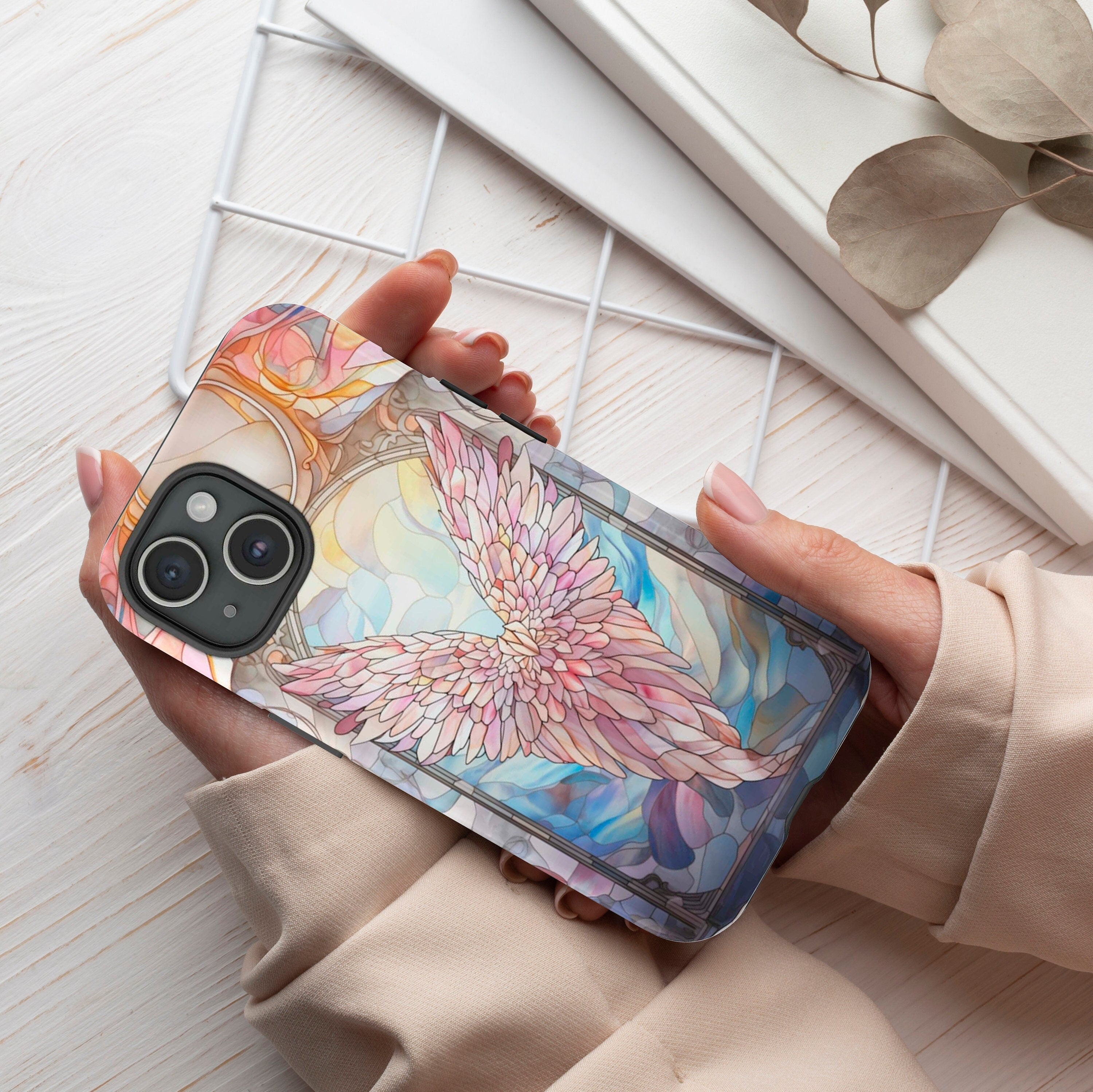 Stained Glass Angel Wings Phone Case, Aesthetic Phone Cover for iPhone 16 15 14 13 Magsafe, Pro Max Plus Samsung Galaxy S25, 358
