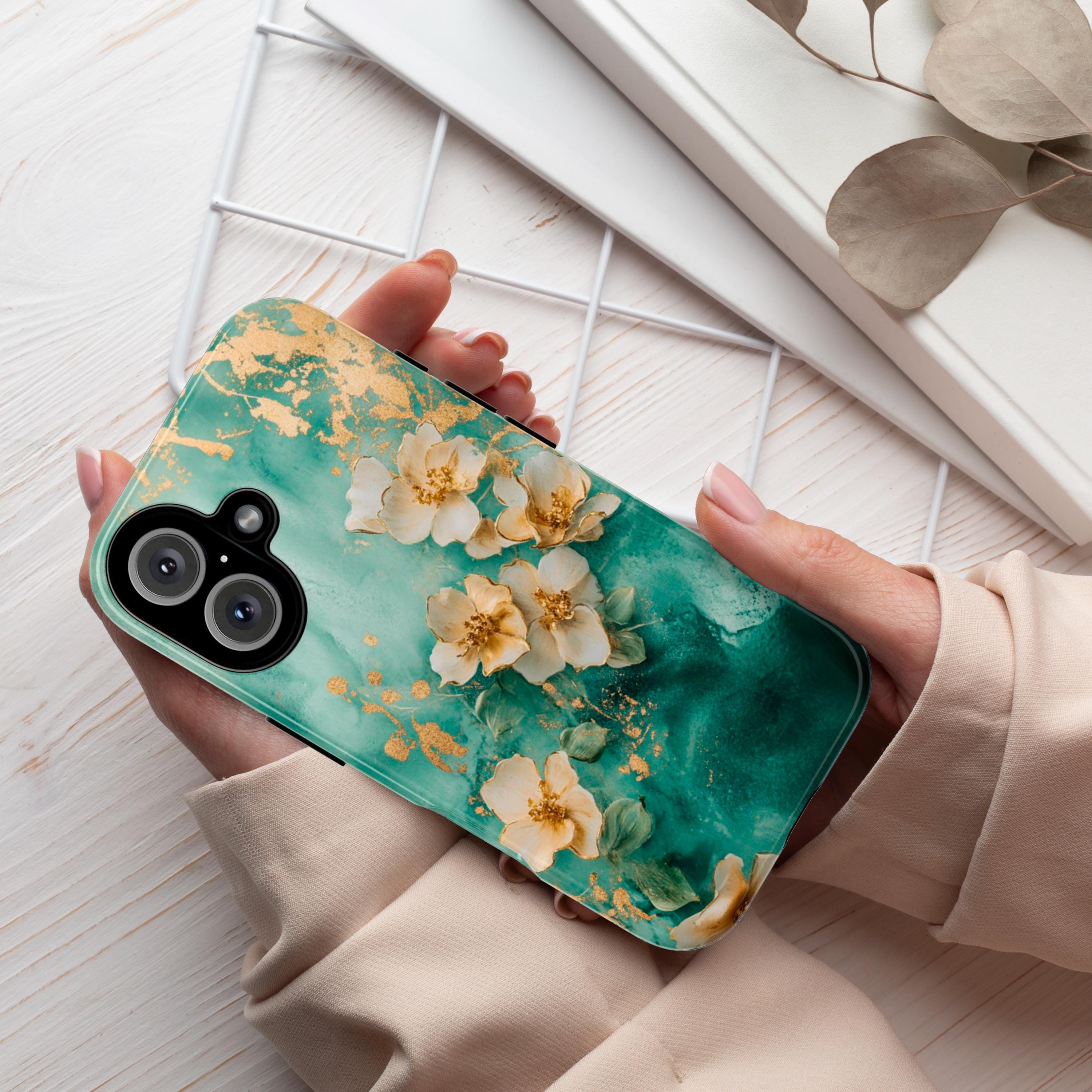 Pastel Golden Flowers Art Phone Case, Glitter Floral Design, Romantic Blossom Phone Cover for iPhone 16 15 Pro Max Plus, Samsung S24, 436.3