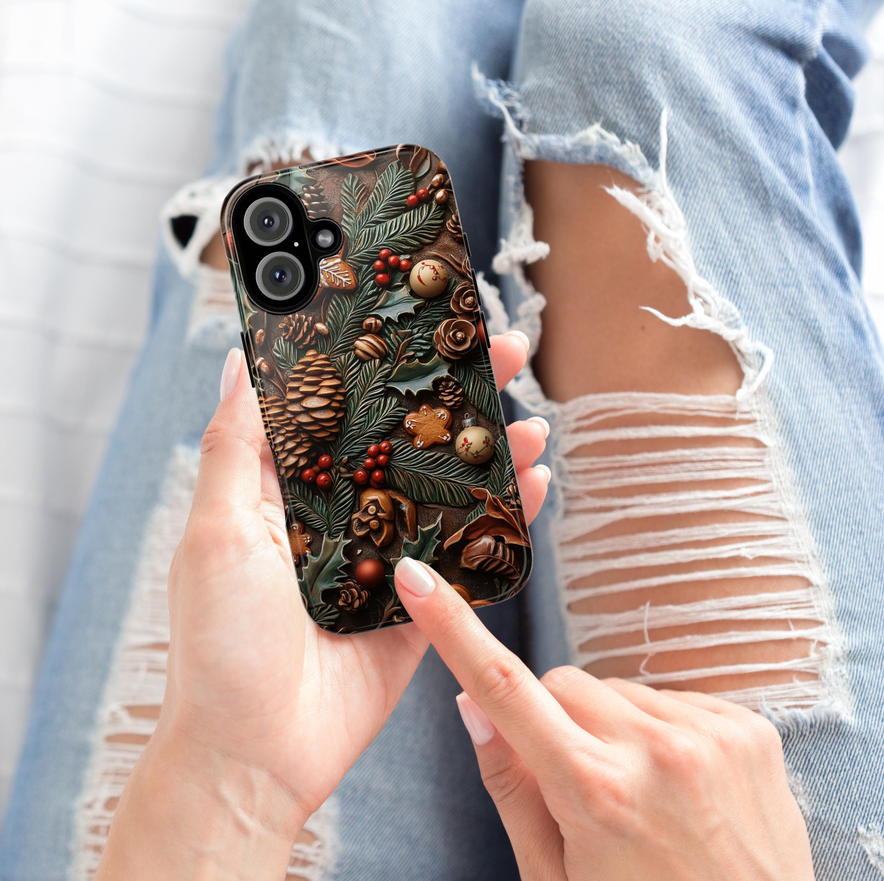 Pine Cone 3D Christmas Phone Case, Holiday Pine and Berry Design MagSafe for iPhone 16 15 14 13 Pro Max Plus, Samsung S25, Pixel 9, 433.3