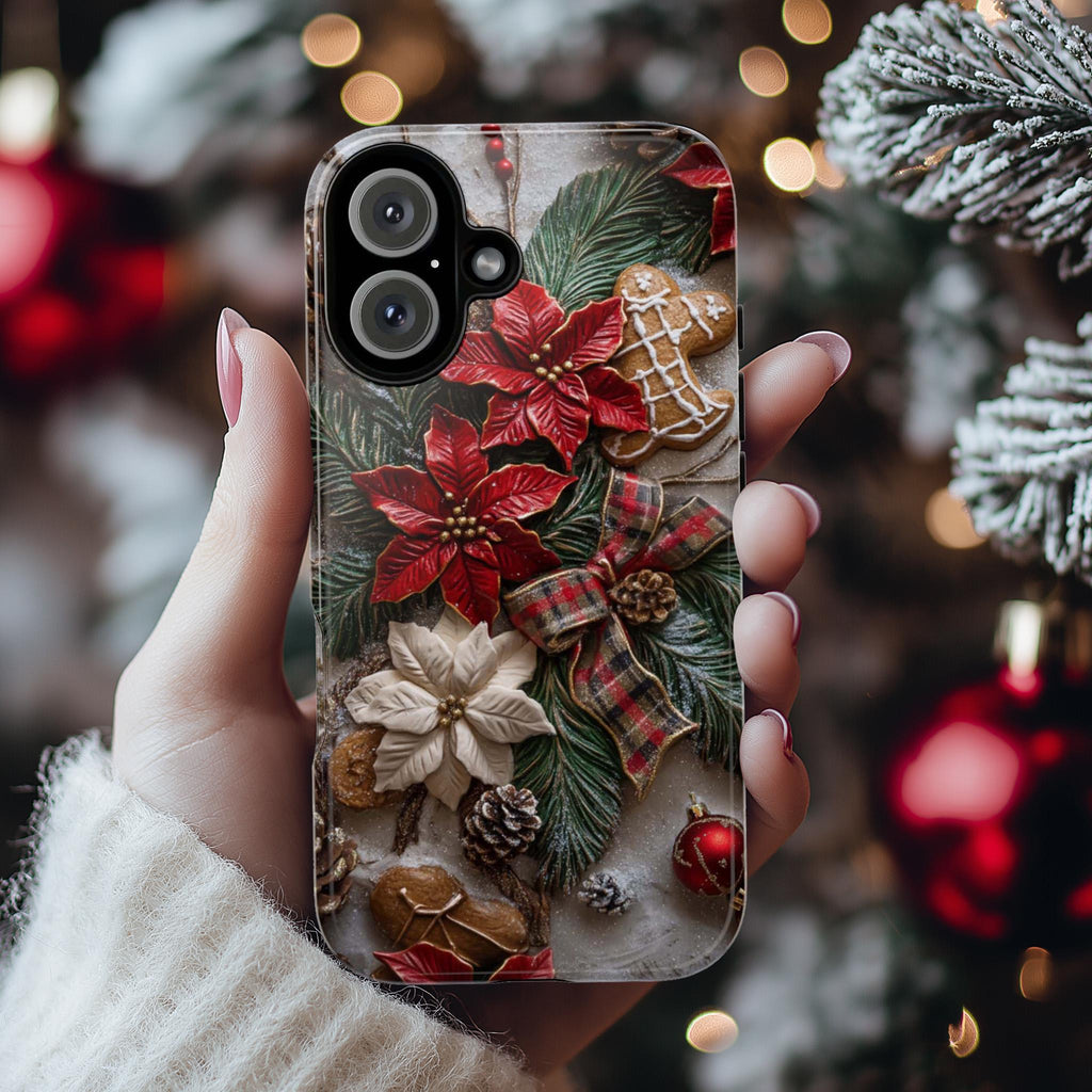 Xmas 3D Poinsettia Floral Phone Case, Holiday Red Green Brown light glitter effect for iPhone 16 15 14 13 Magsafe Plus, Samsung S24, 437.3