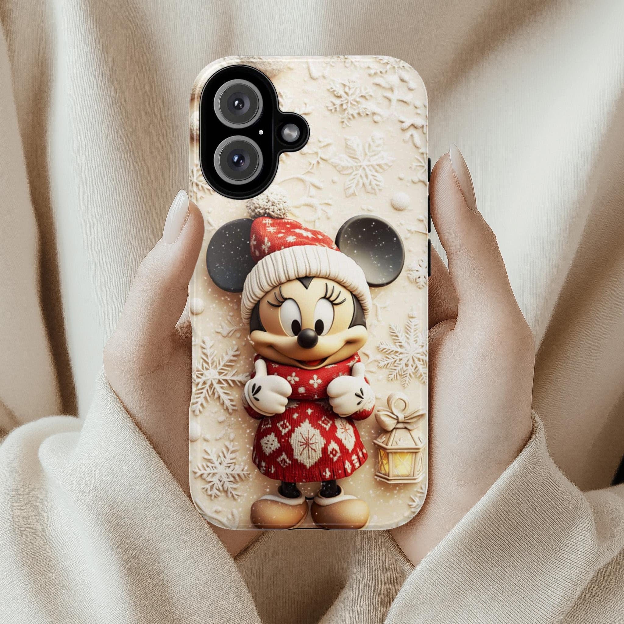 Santa Minnie Mouse 3D effect Phone Case, Xmas Cartoon Design, Minnie Christmas Tree Phone Case for iPhone 16 15 Magsafe, Samsung S24, 442.10