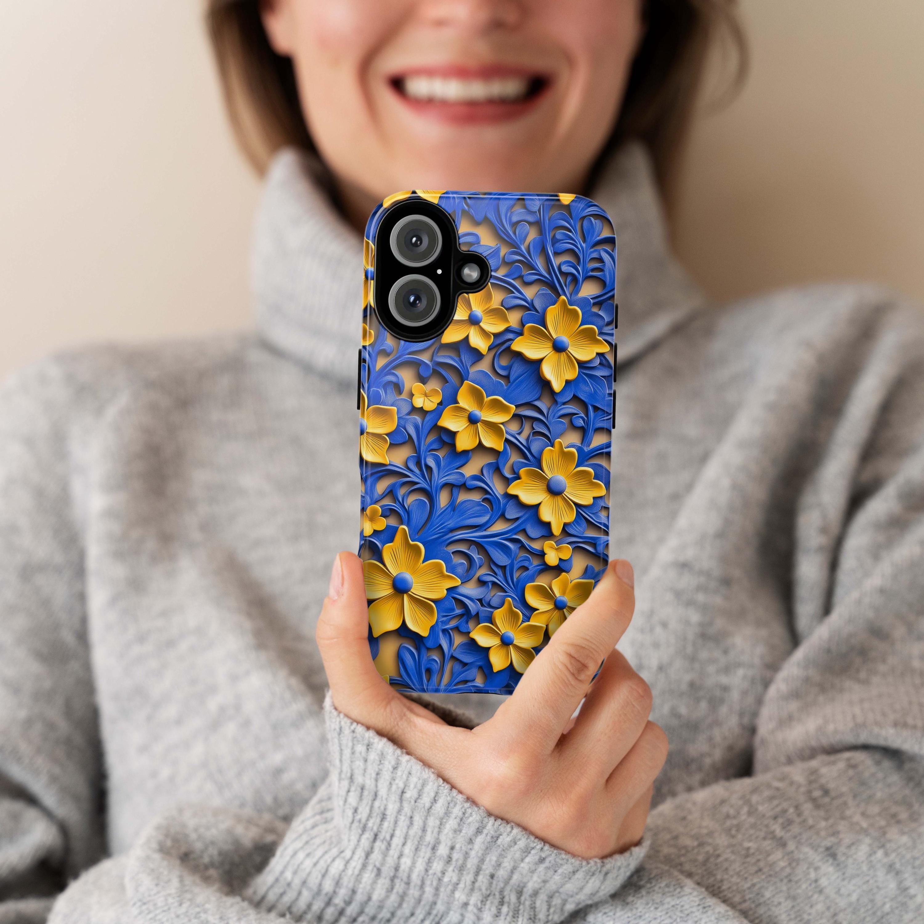3D Moroccan Floral Blue Yellow Phone Case, Vibrant Colorful Marrakesh Design, Fine Art Phone Case for iPhone 16 15 14 13, Samsung S24, 456.3