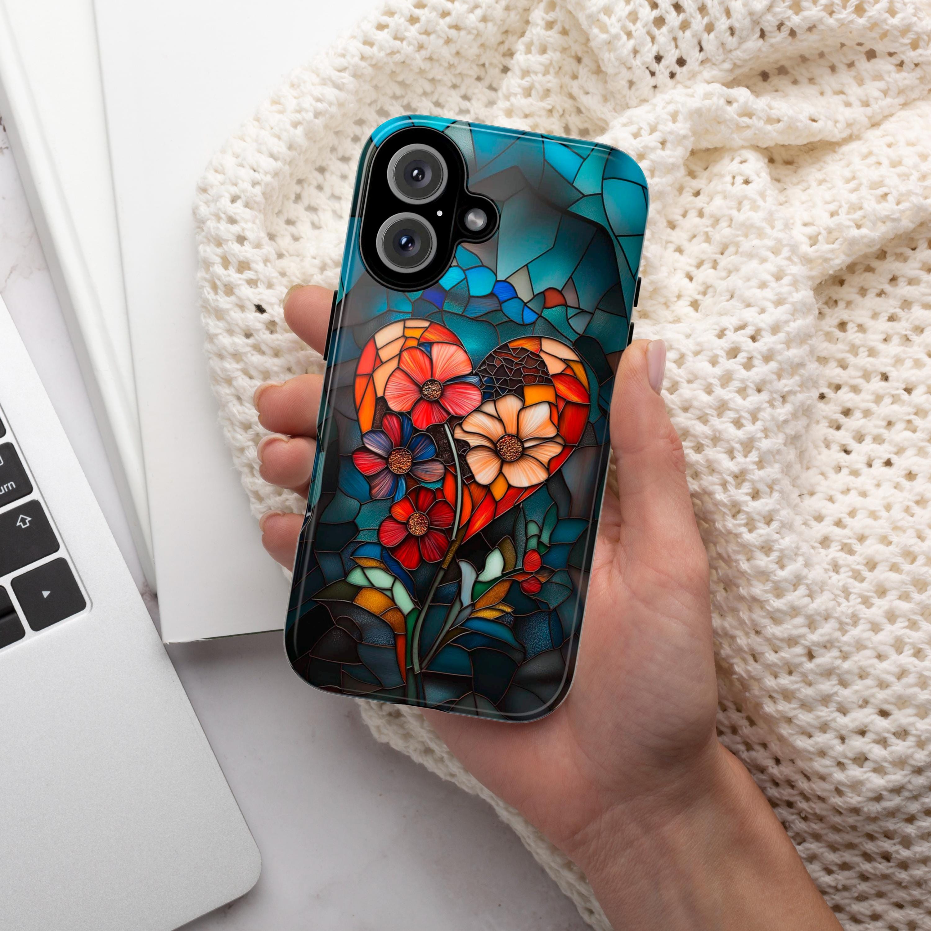 Stained Glass Floral Heart Phone Case, Valentines Day Phone Cover for iPhone 16 15 14 13 Pro Magsafe Samsung Galaxy S24, 418.10