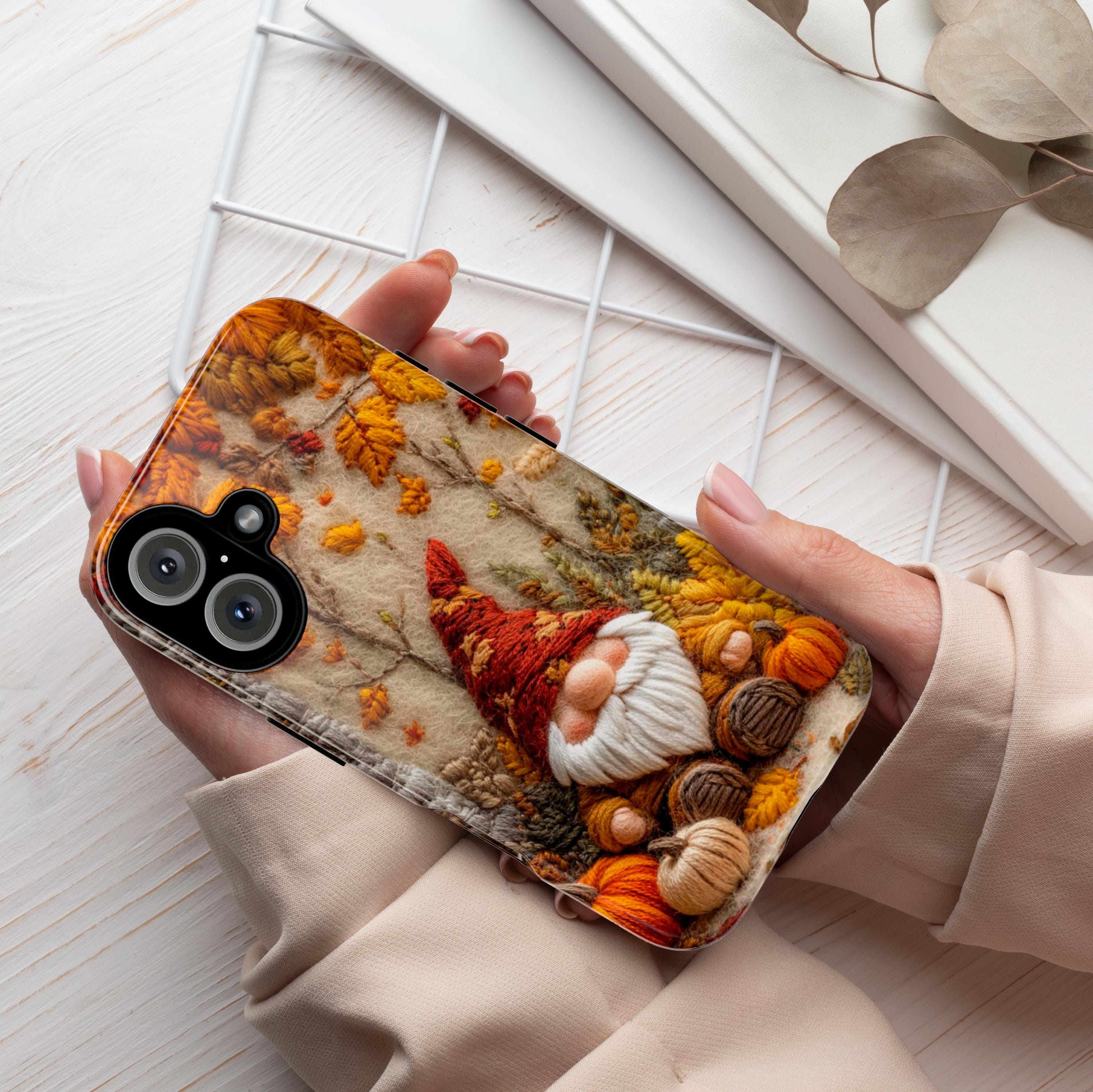 Fall Gnome Embroidery MagSafe Phone Case, Cozy Autumn Design with Fall Leaves and Pumpkins Case iPhone 16 15 14 13 12 / Samsung S24, 452.2