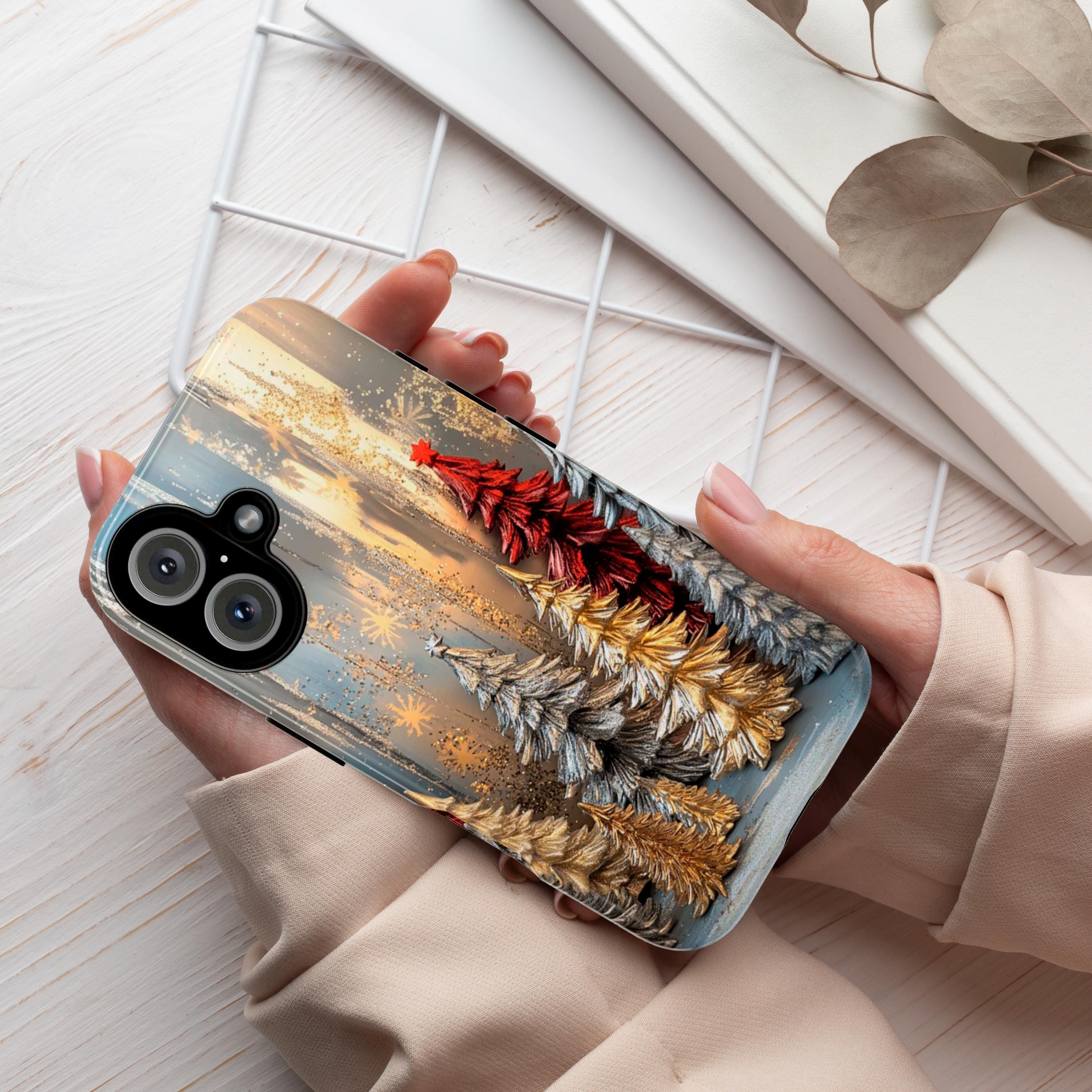 Cozy Christmas 3D Glitter effect Phone Case, Gold Silver Xmas Pine Tree MagSafe for iPhone 16 15 14 13 Pro Max Plus, Samsung S25, 437.1
