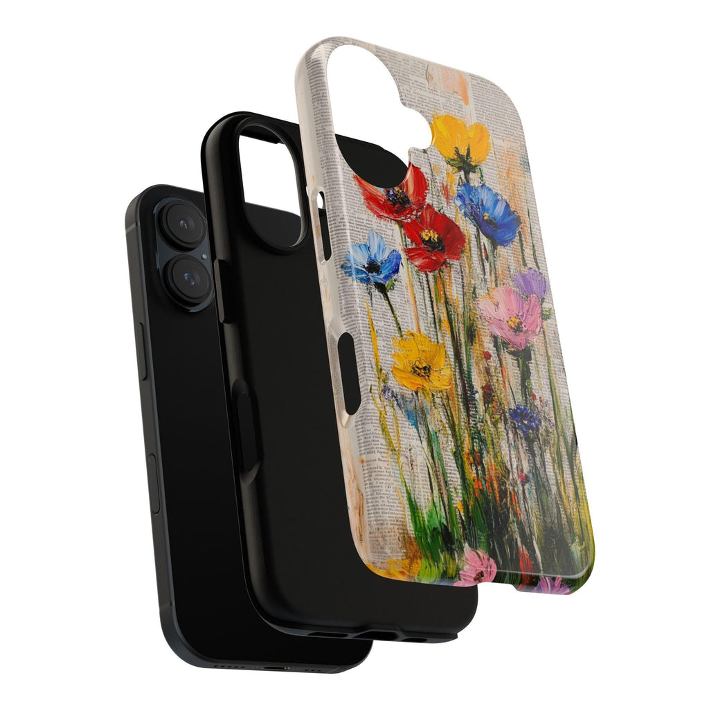 Rustic French Style Phone Case with Old Newspaper Background and Painted Floral Design for iPhone Tough or Magsafe, Samsung, 477.3