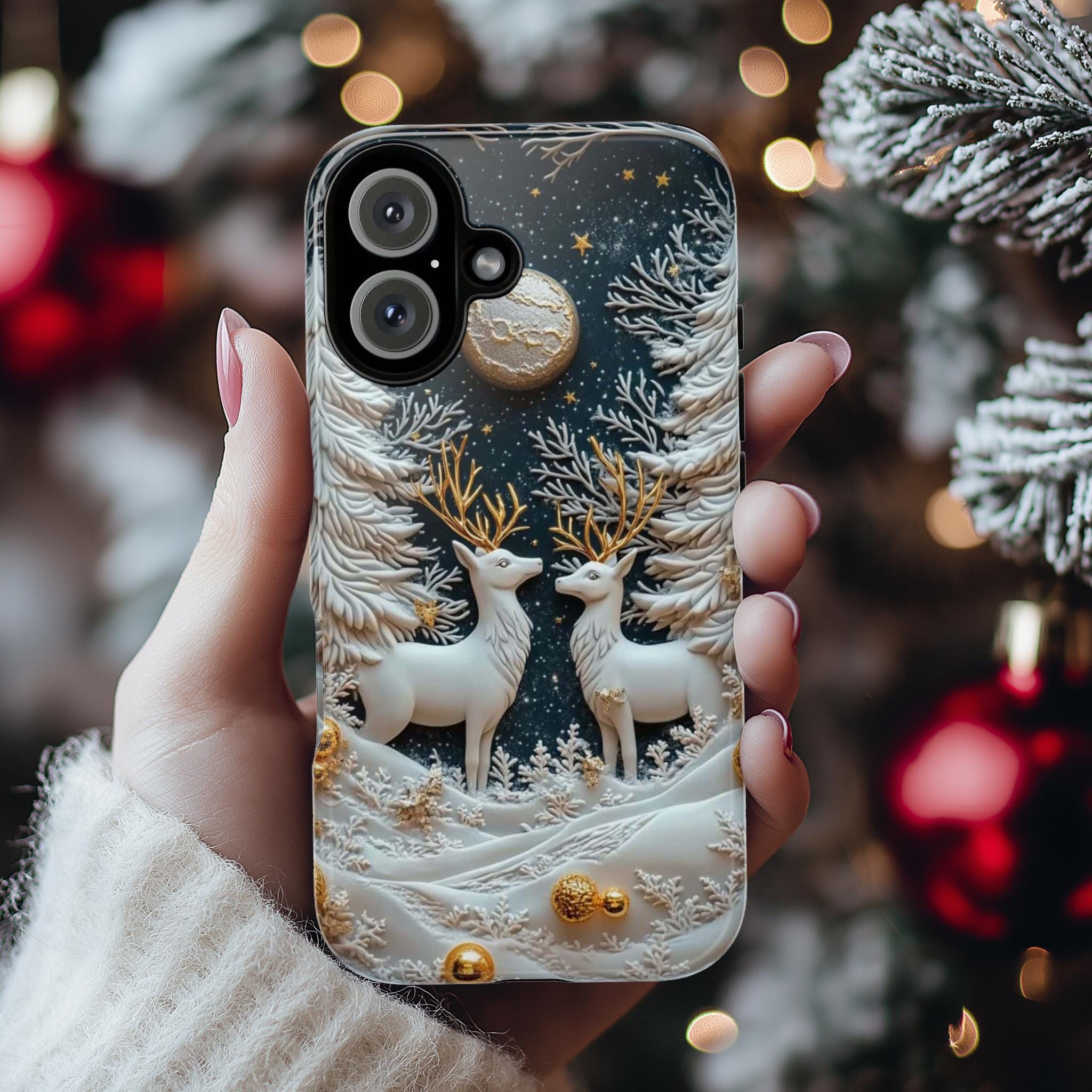Winter Forest Reindeer Phone Case, Snowy Christmas Deer MagSafe for iPhone 16 15 14 13 12 Pro Max Plus, Samsung S24 Ultra, Pixel 8, 433.19