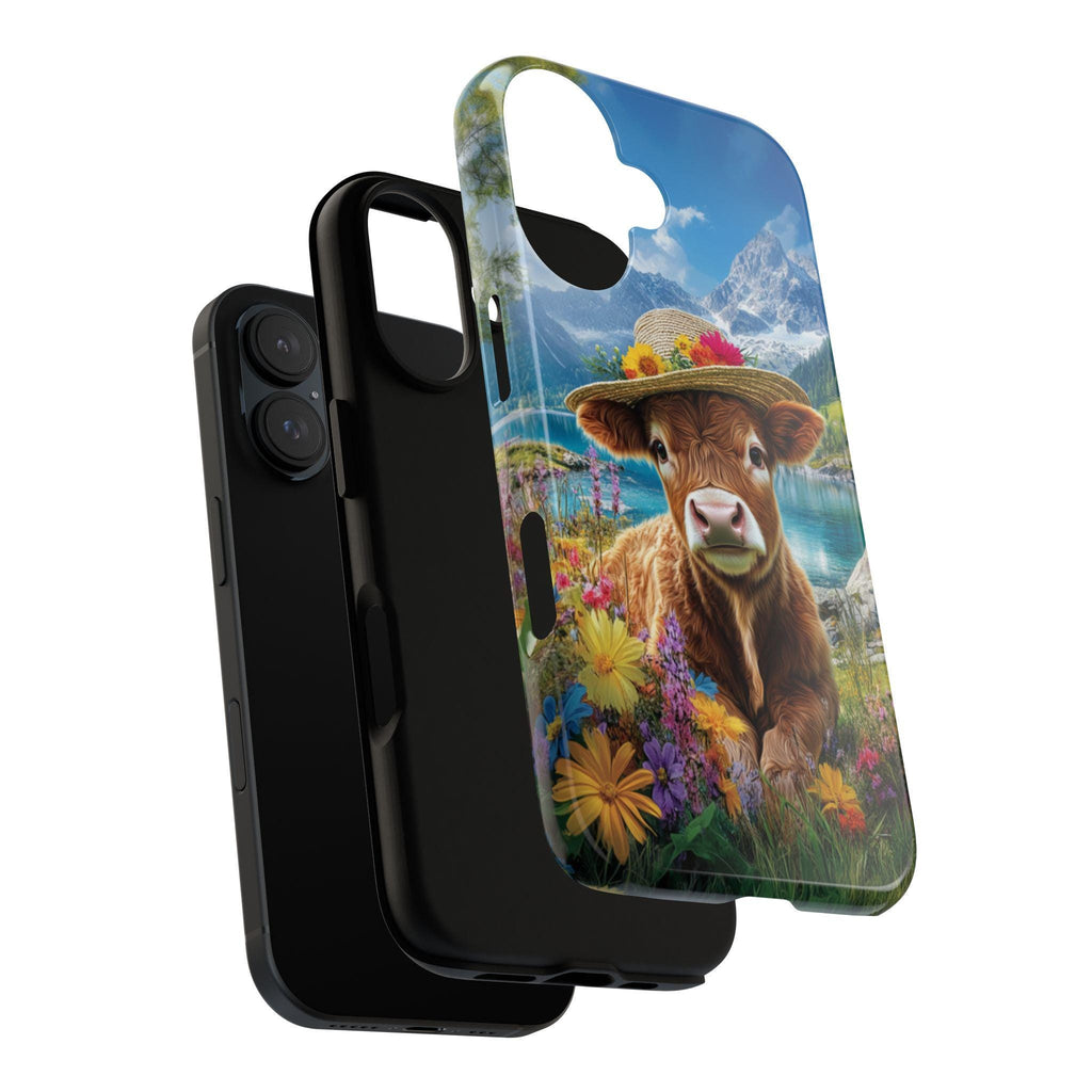 Cute Highland Cow Phone Case, Spring Meadow Floral Design with Mountain & Lake View Phone Cover for iPhone Tough or Magsafe, Samsung, 473.4