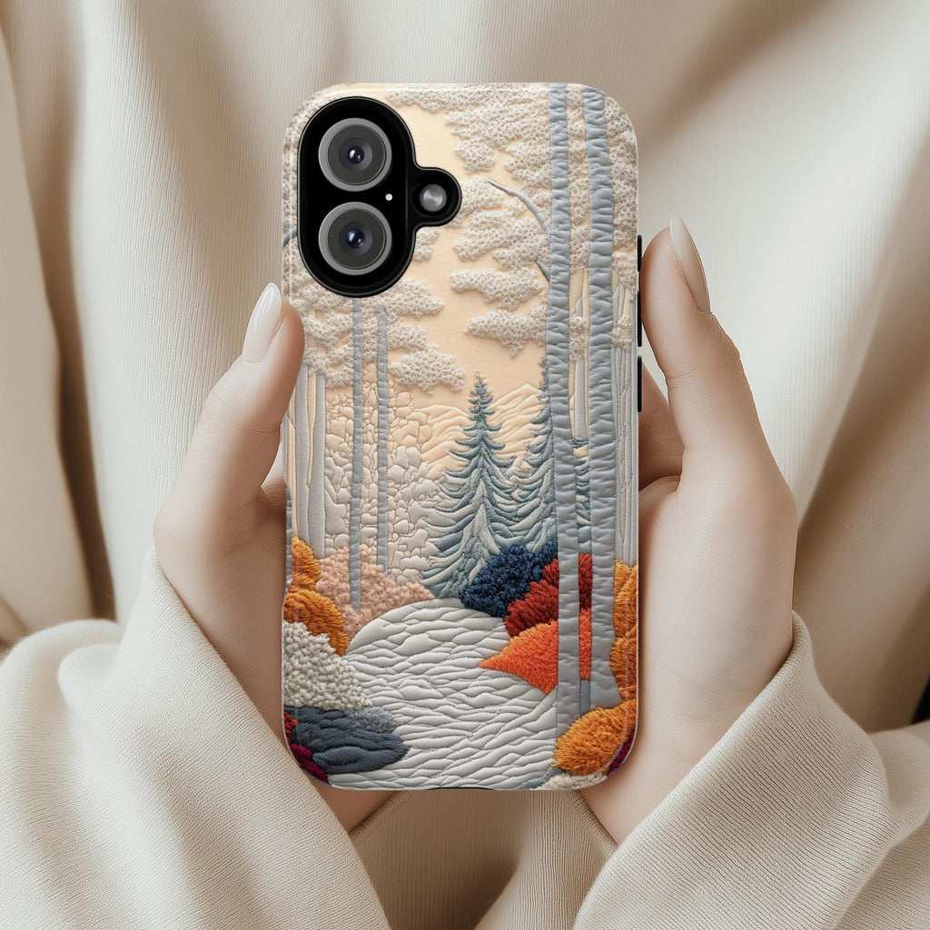 3D Embroidered Look Phone Case with Raised Forest and Winter Landscape Design, Textured Nature Scene Cover for iPhone, Samsung, 453.12