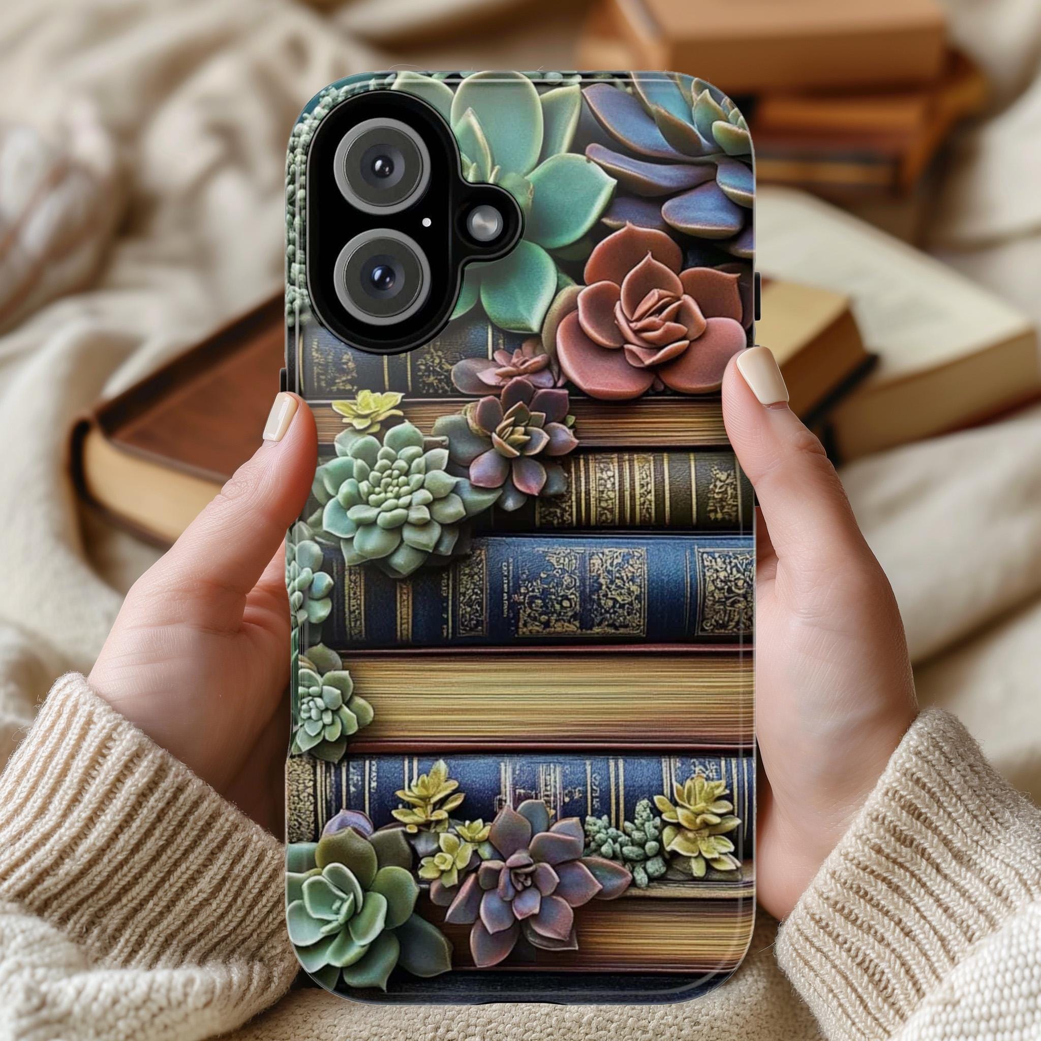 Sembervivum & Library Phone Case, Botanical Plant Design Phone Case, Vintage Book Lover Cover for iPhone Tough or Magsafe, Samsung, 423.26