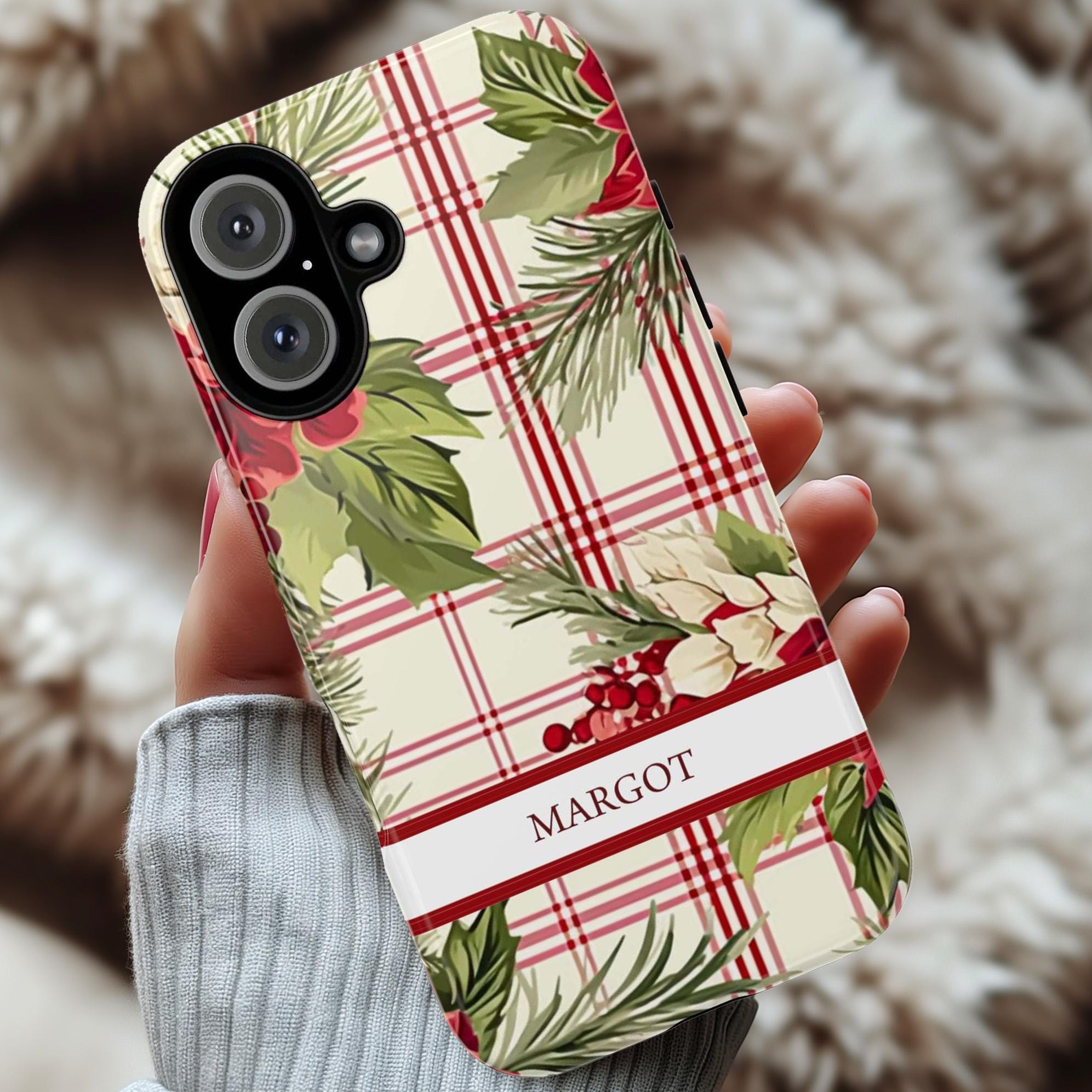 Personalized iPhone Case Holiday Holly Phone Case, Custom Xmas Phone Cover for iPhone 15 14 13 12 11 XR Pro Max Plus/Samsung Galaxy, 106.3