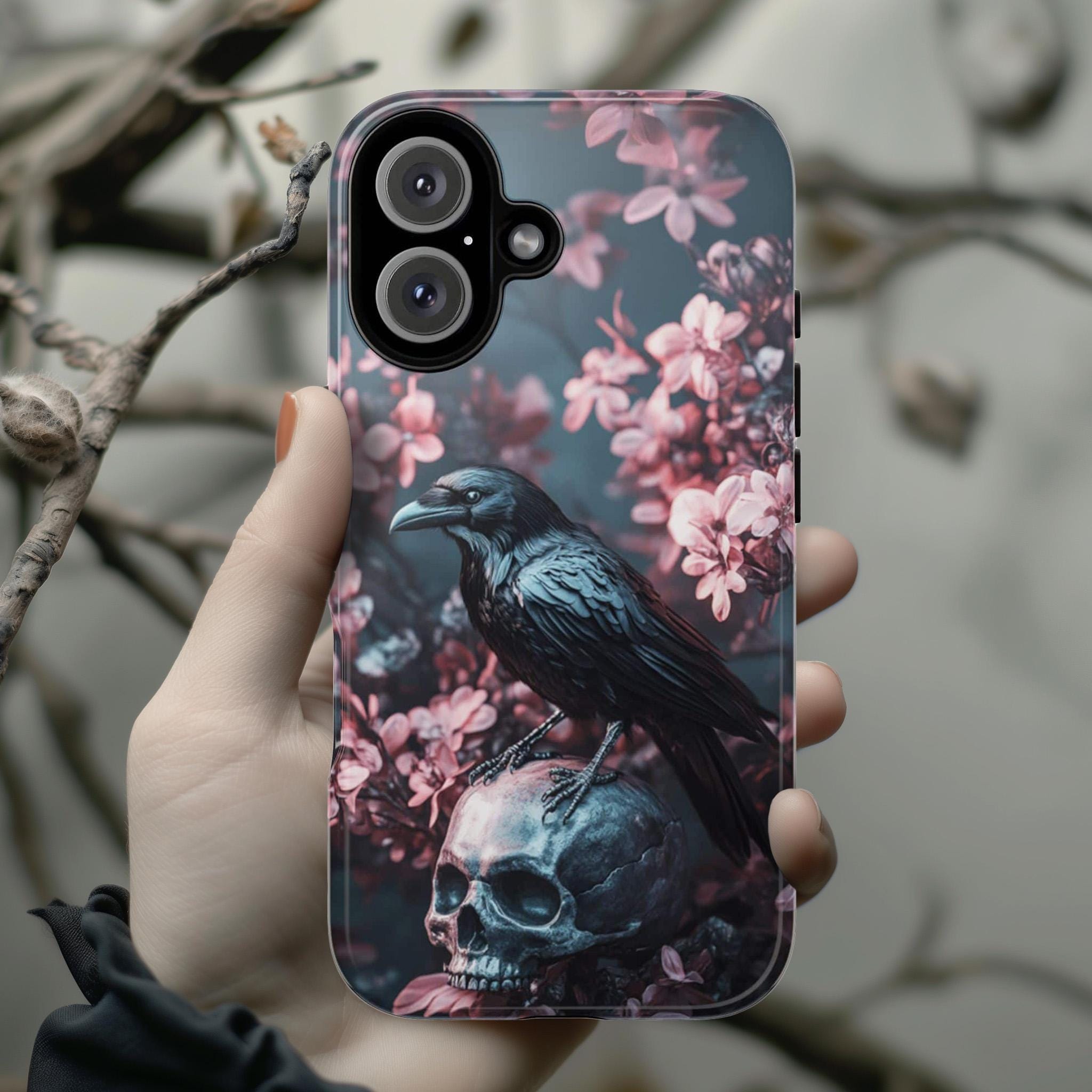 Dark Gothic Raven and Skull Phone Case, Pink Floral Design Phone Case for iPhone 16,15 Magsafe, Samsung Galaxy S25, Pixel 9, 422.11