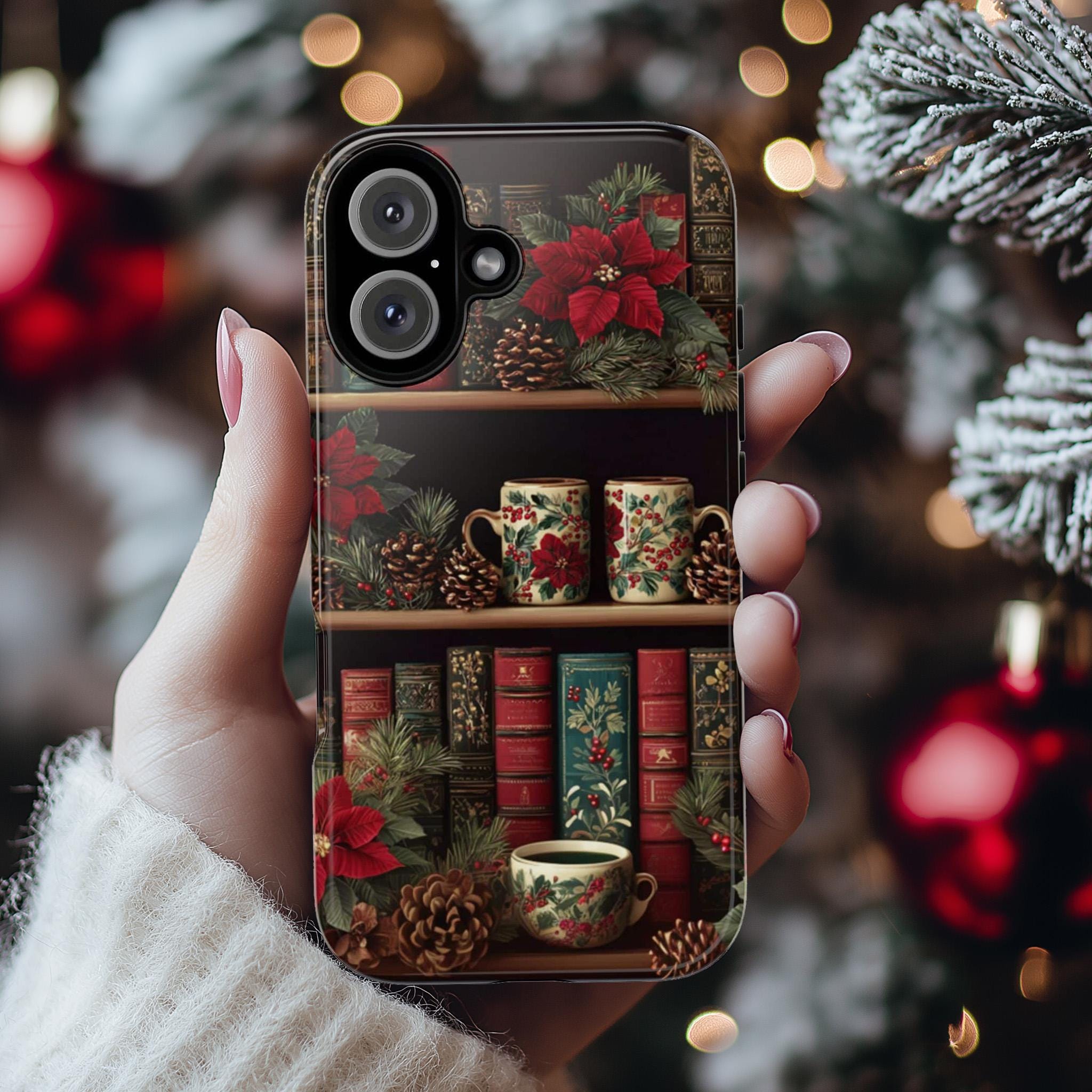 Christmas Bookshelf Phone Case, Holiday Mugs & Poinsettia Floral Cover for Tough or MagSafe for iPhone 17 16, Samsung S25, 423.34