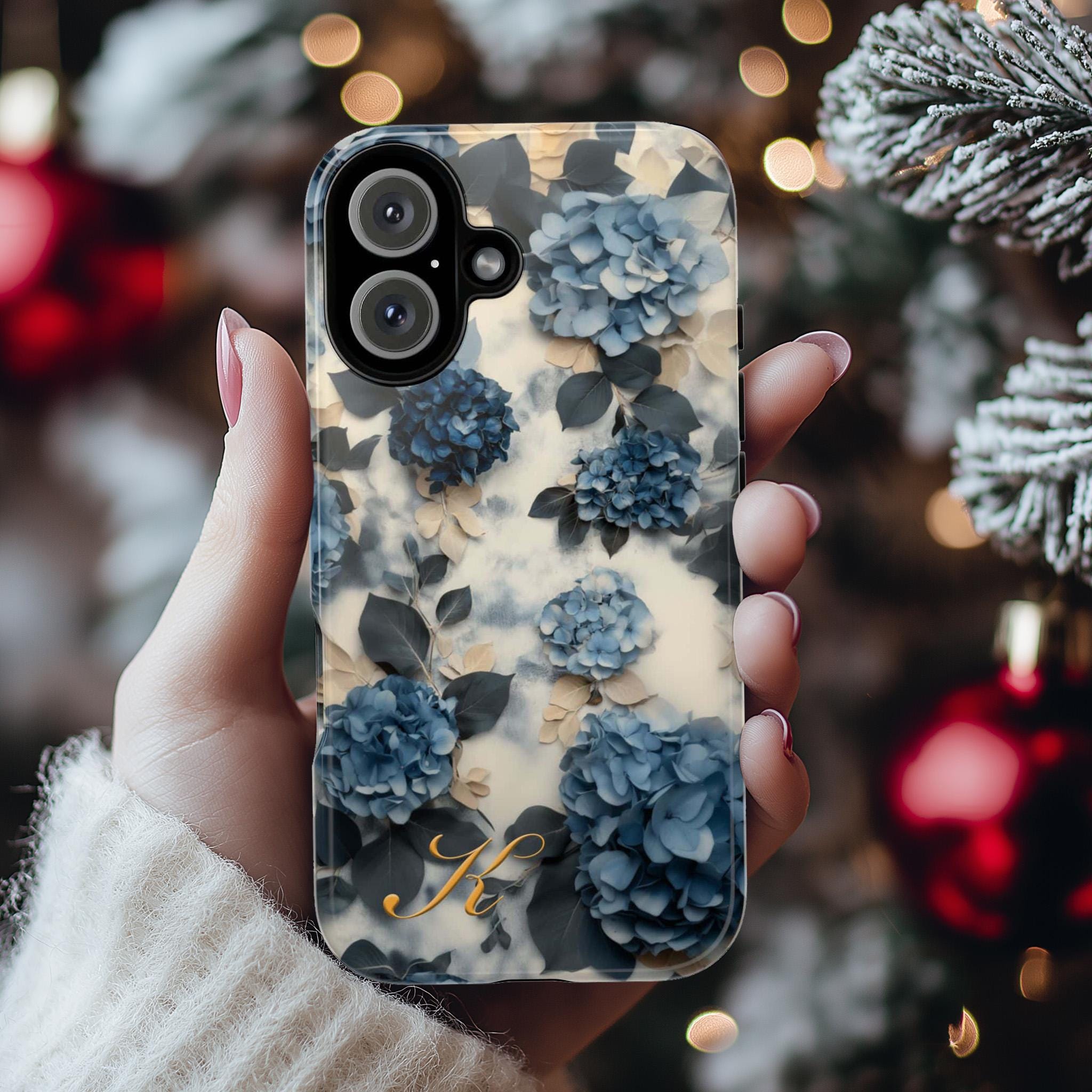Blue Hydrangea Floral Phone Case Personalized Phone Cover fit for iPhone 16 Magsafe 15 14 13 12 Pro Max Plus, Samsung S25 Ultra, 428.2