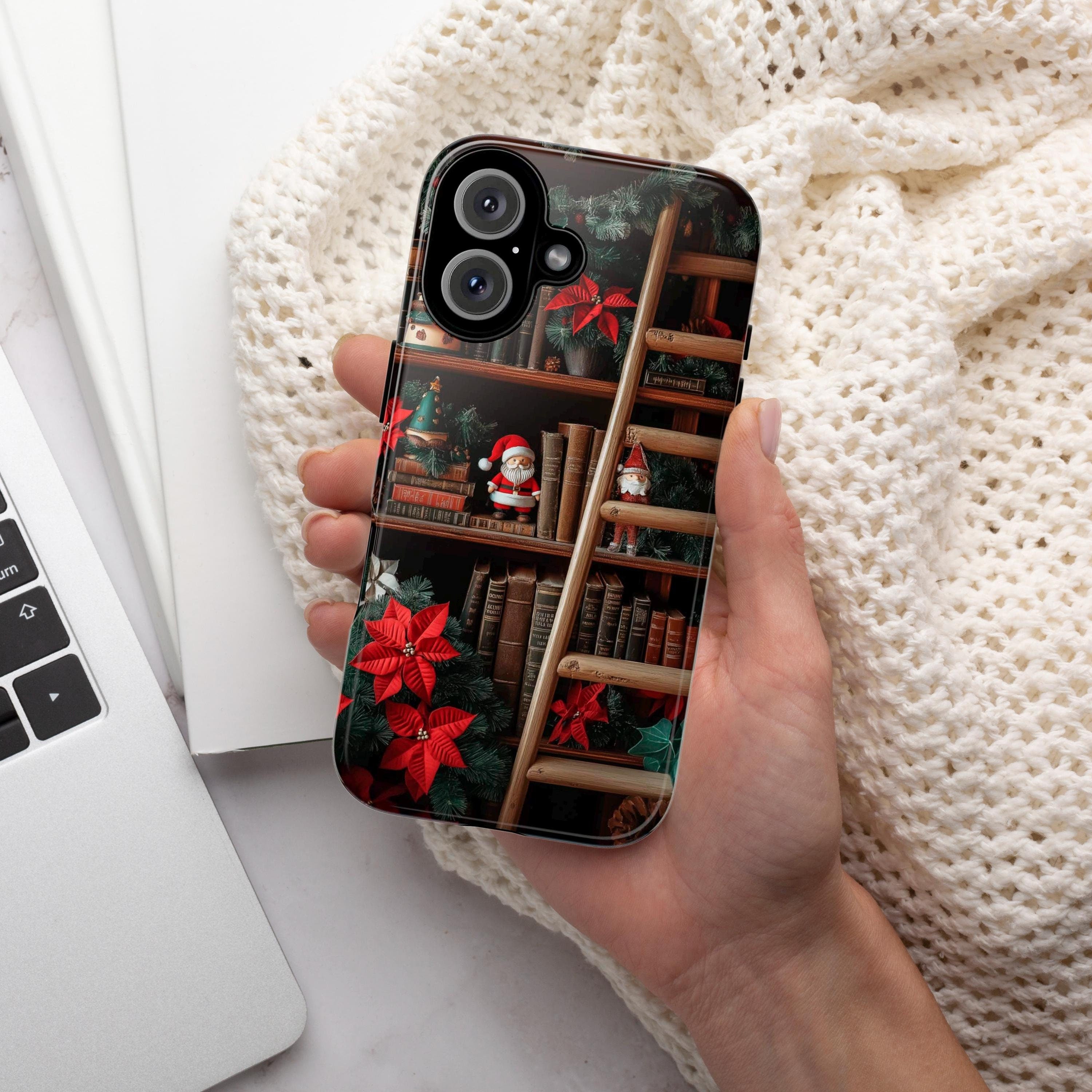 Vintage Bookshelf Phone Case with Festive Santa and Poinsettias for iPhone 16 Pro Max 15 14 13 Plus, Samsung S24, Christmas Case, 423.11