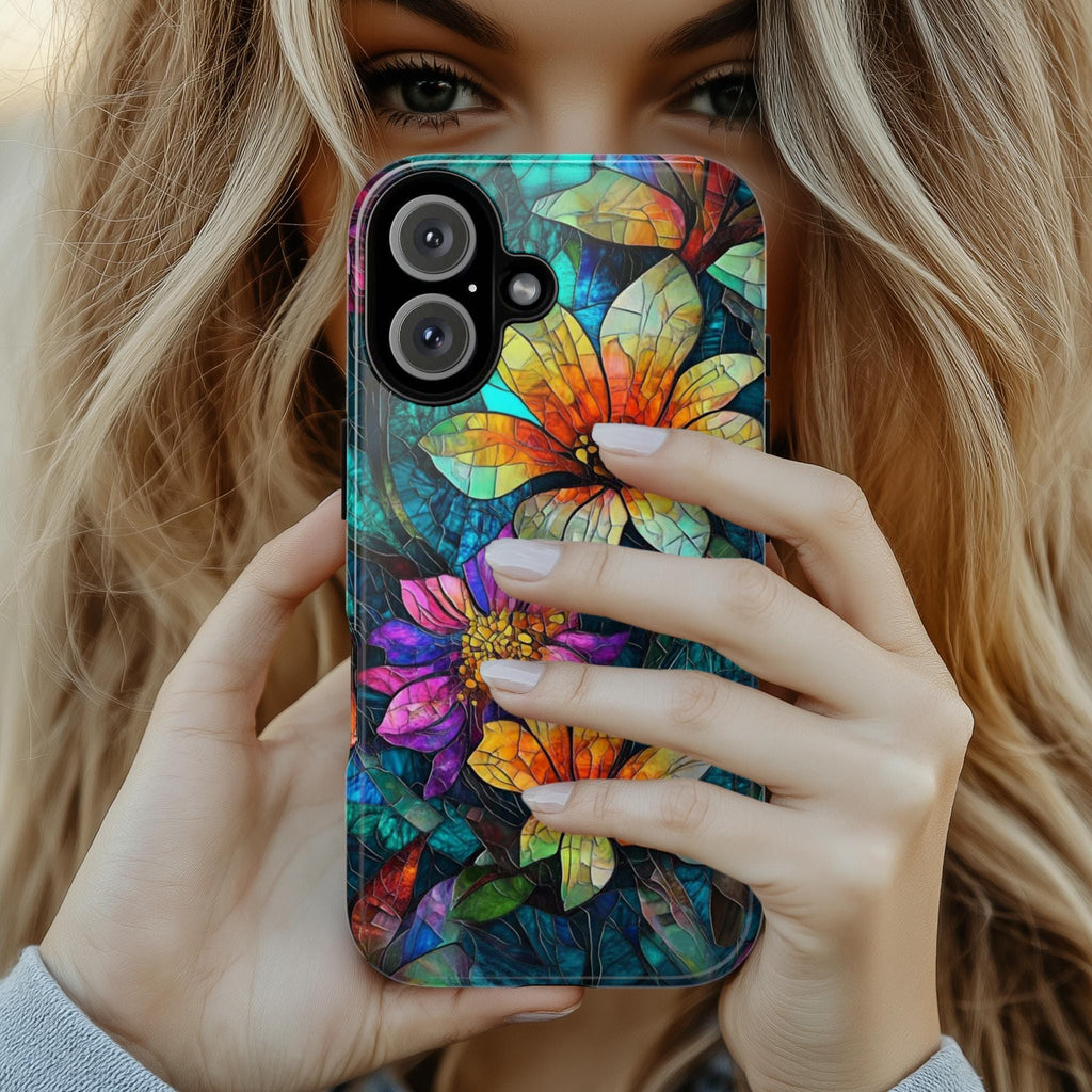Stained Glass Phone Case with Colorful Flowers, Artistic Protective Cover for iPhone iPhone 16, 15, 14, 13 Magsafe & Samsung, Pixel, 418.23
