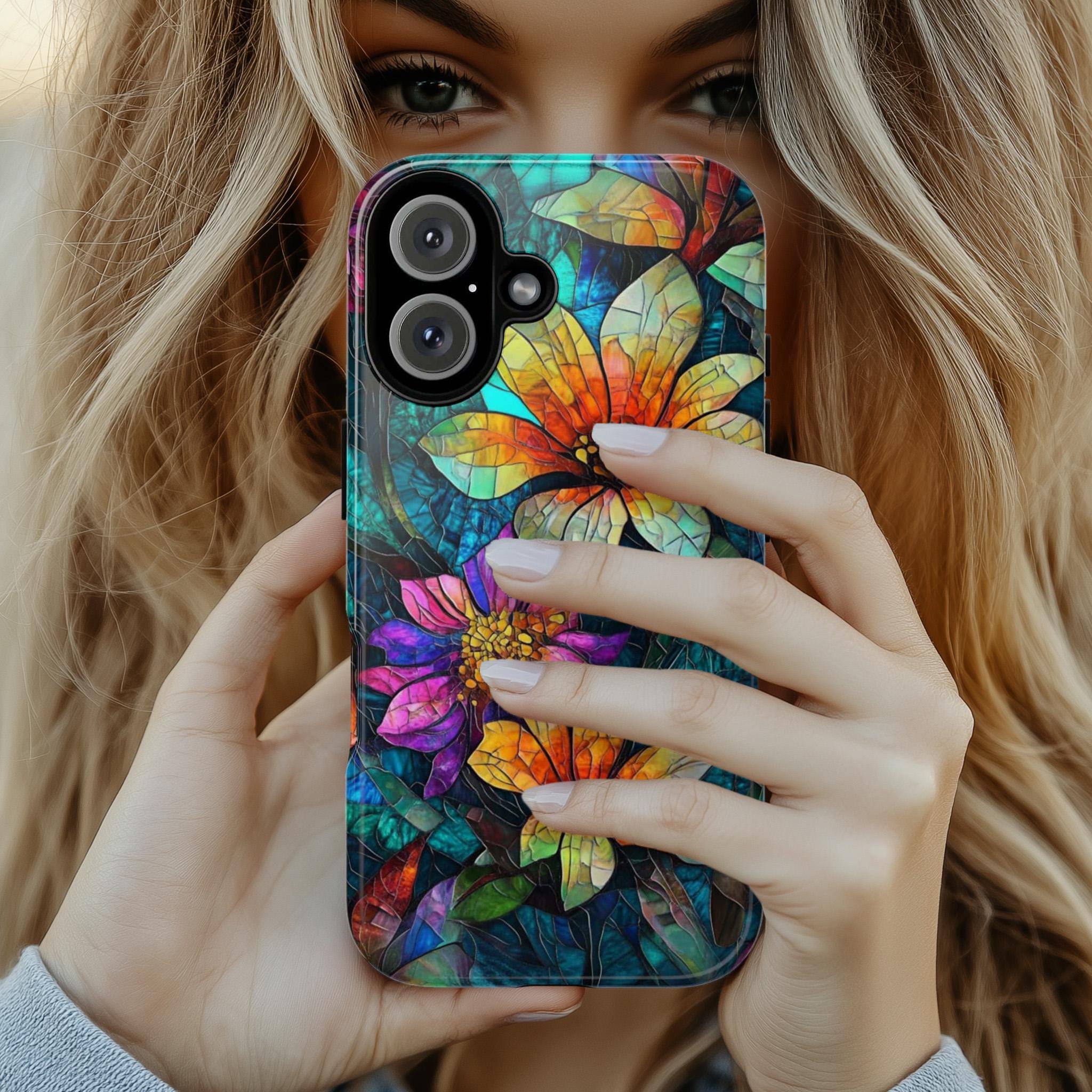 Stained Glass Phone Case with Colorful Flowers, Artistic Protective Cover for iPhone iPhone 16, 15, 14, 13 Magsafe & Samsung, Pixel, 418.23