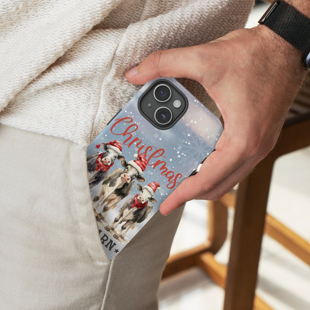 Farm Christmas in the barn Phone Case, Xmas Country Cow Phone Case, Winter Cover for iPhone 16 15 14 13 12 11 XR Pro Max Plus/Samsung Galaxy
