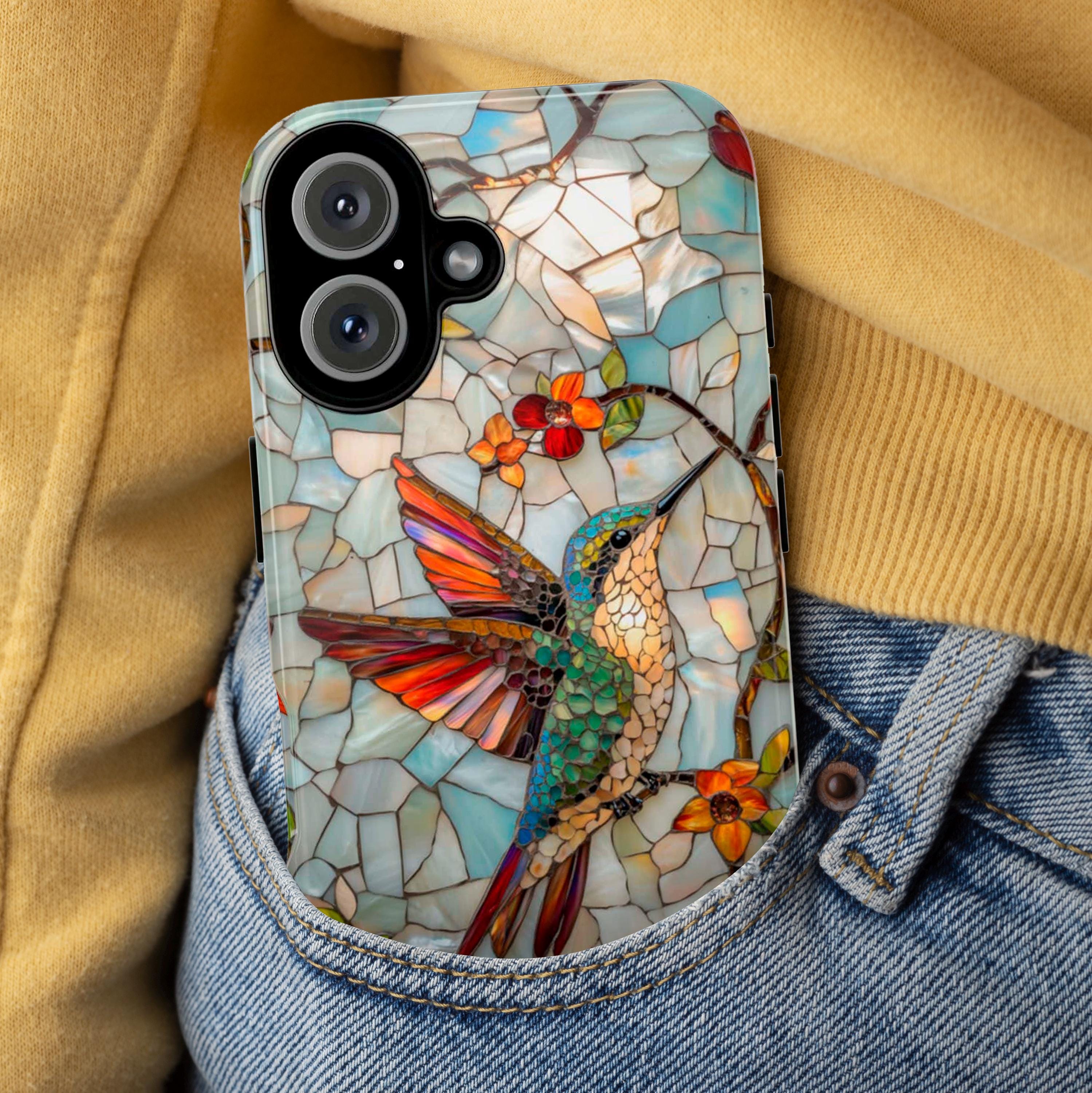 3D Hummingbird Stained Glass Effect Phone Case - Mosaic Case for iPhone 16 Pro Max 15 14 13 12 11 Plus, Samsung S24 Ultra S25, 419.2