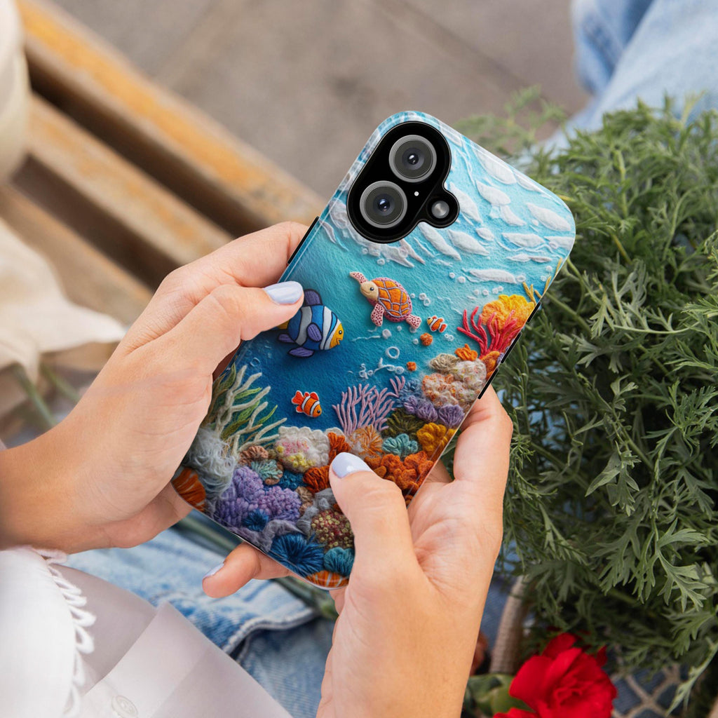 3D Felt Turtle Clownfish Coral Reef Ocean Phone Case, Marine Life Lovers Phone Case for iPhone 16 15 14 13 Magsafe, Samsung S25, 452.7