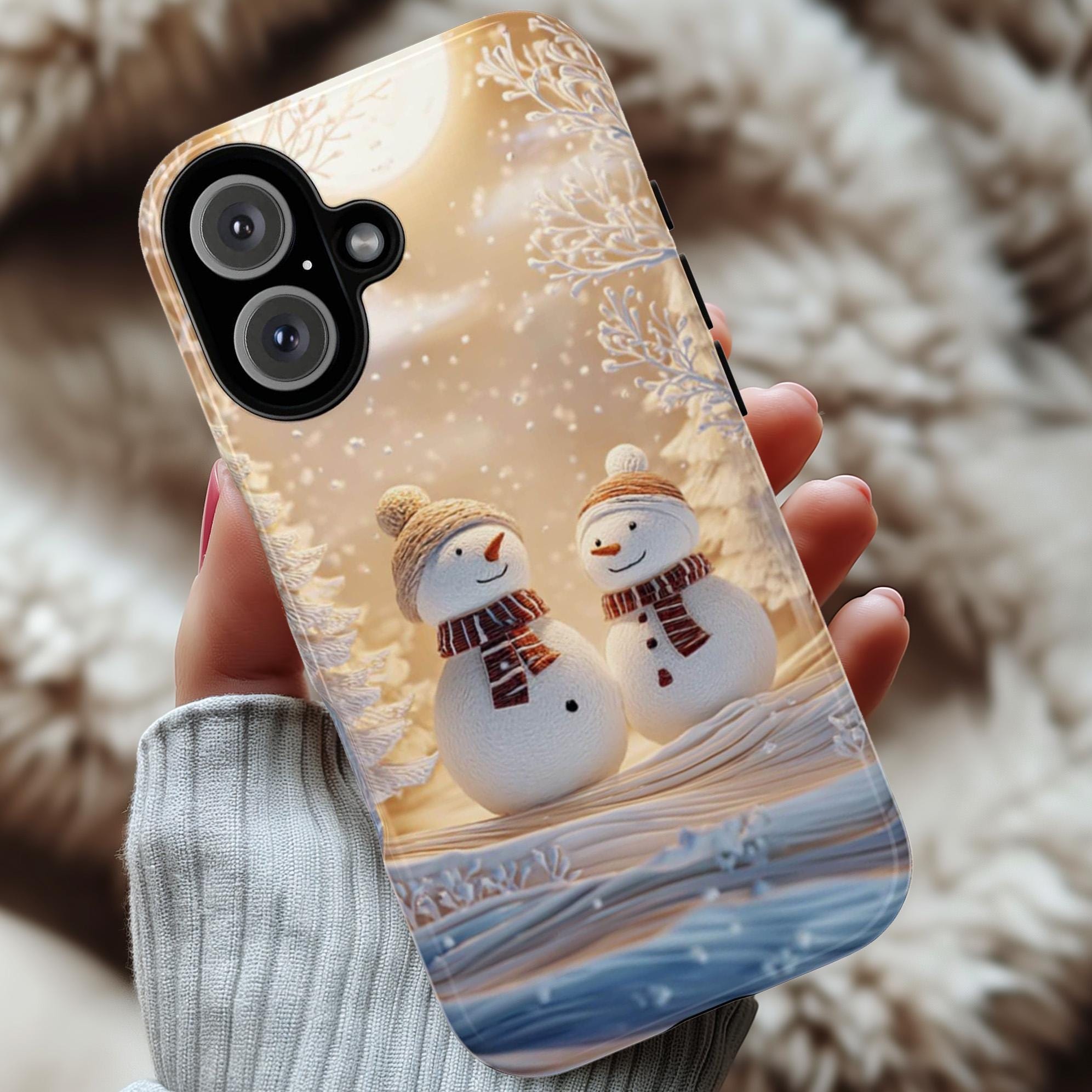 Winter Wonderland Snowman Phone Case, Christmas Holiday Snow Landscape Cover for iPhone 17 16 15 Tough or Magsafe, Samsung, 481.4