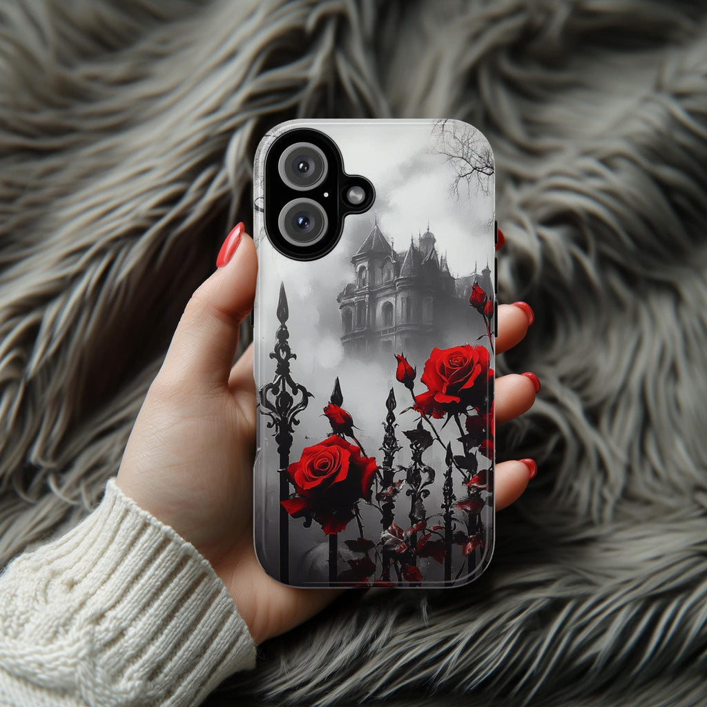 Gothic Castle & Red Roses Floral Fantasy Art, Dark Aesthetic Design, Elegant Gothic Accessory for iPhone 16, Samsung S25, Pixel 9, 463.4