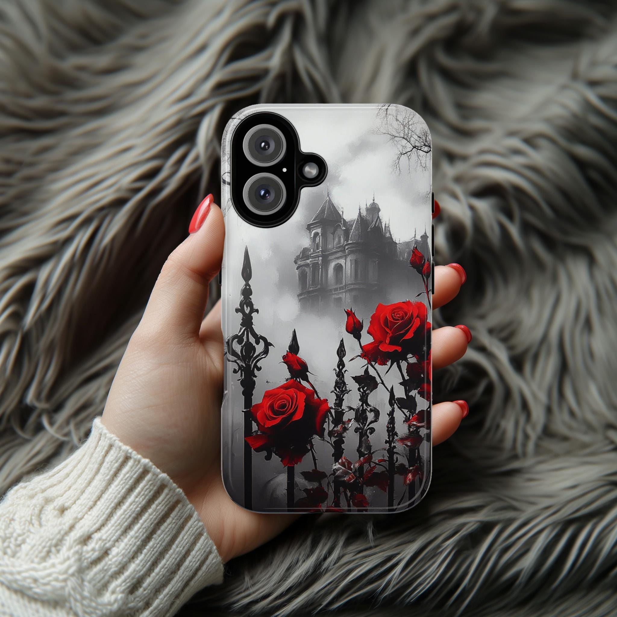 Gothic Castle & Red Roses Floral Fantasy Art, Dark Aesthetic Design, Elegant Gothic Accessory for iPhone 16, Samsung S25, Pixel 9, 463.4