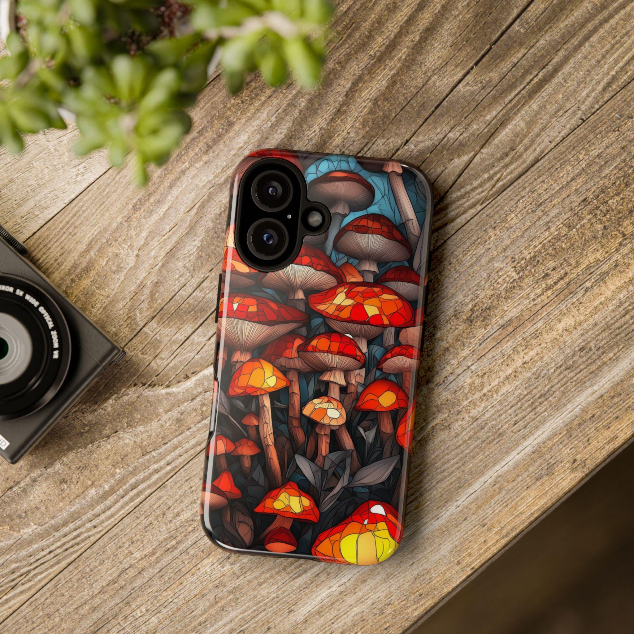 Stained Glass Autumn Mushrooms in the Forest Phone Case, Fall Vibrant Colorful Mosaic Art Cover for iPhone 16 15 14, Samsung Galaxy, Pixel