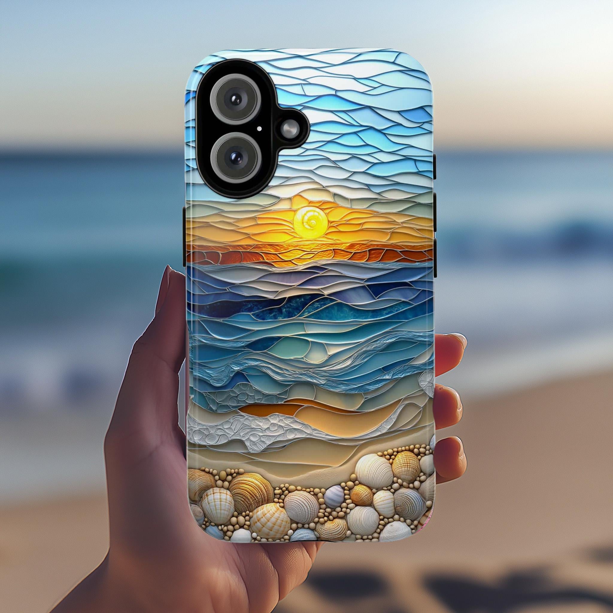 Stained Glass Summer Beach Sunset Phone Case, 3D Seashell Ocean Magsafe for iPhone 16 15 14 13 Pro Max Plus / Samsung S24 Pixel, 455.1