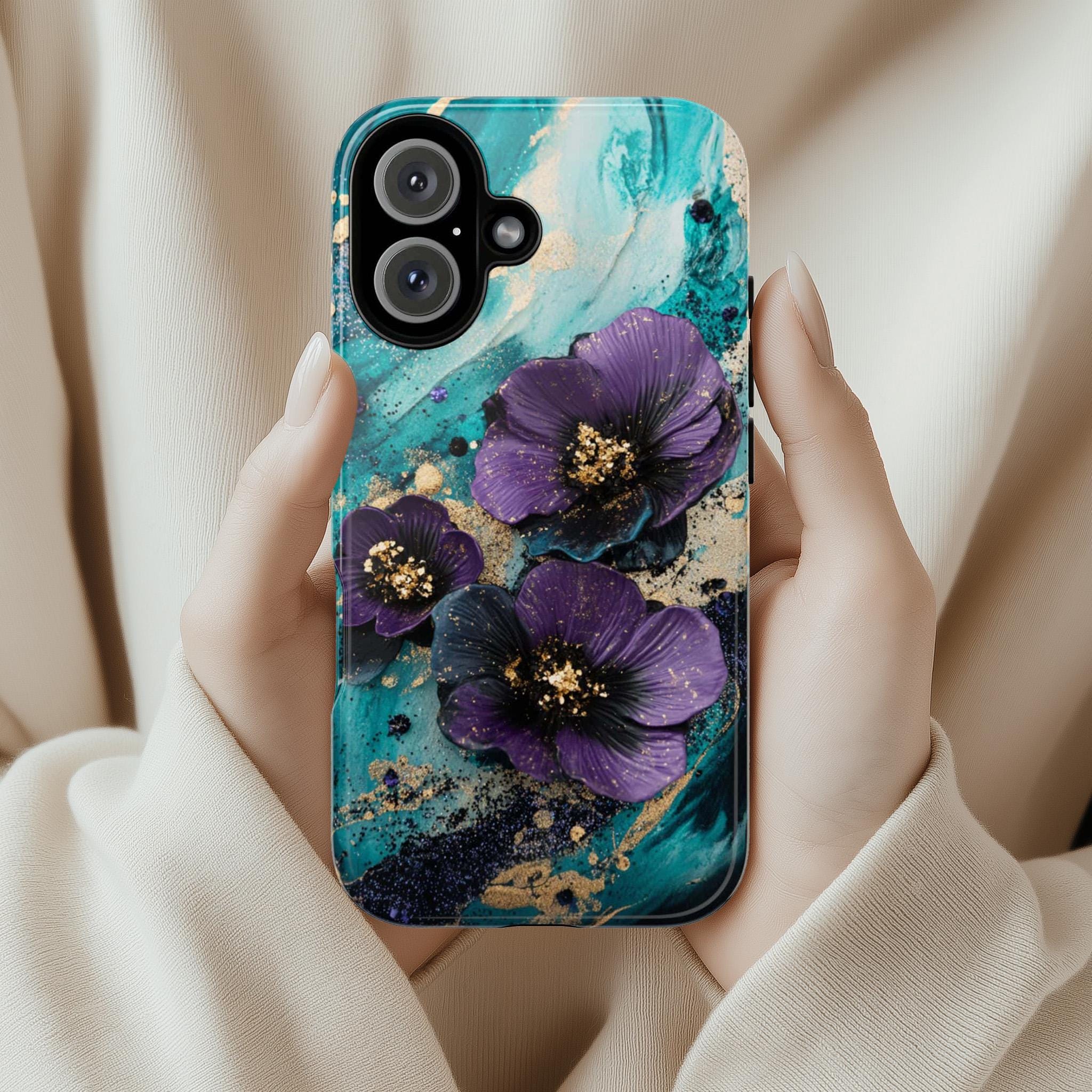 Purple 3D Floral Art Phone Case, Glitter Bloom 3D Design, Teal Floral Garden Case for iPhone 16 15 14 13 Pro Max Magsafe, Samsung S24, 436.2