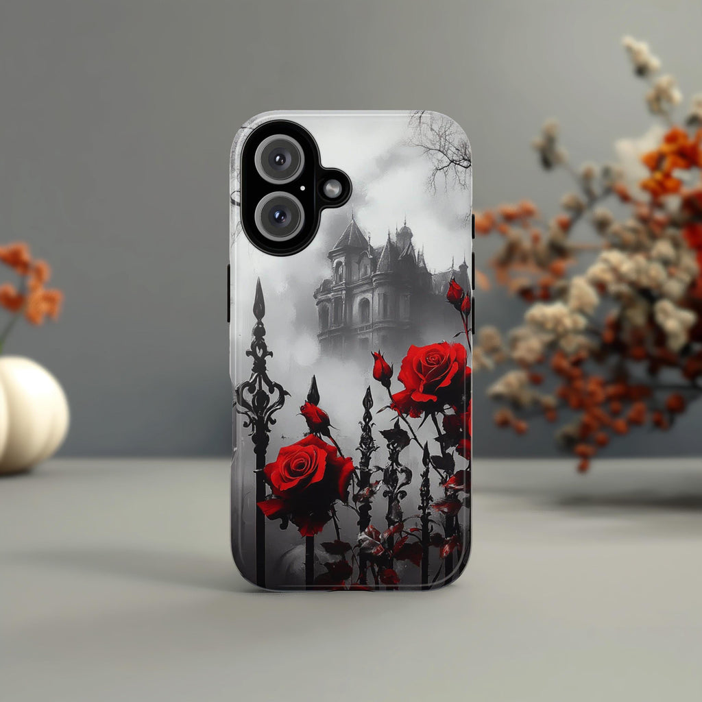 Gothic Castle & Red Roses Floral Fantasy Art, Dark Aesthetic Design, Elegant Gothic Accessory for iPhone 16, Samsung S25, Pixel 9, 463.4