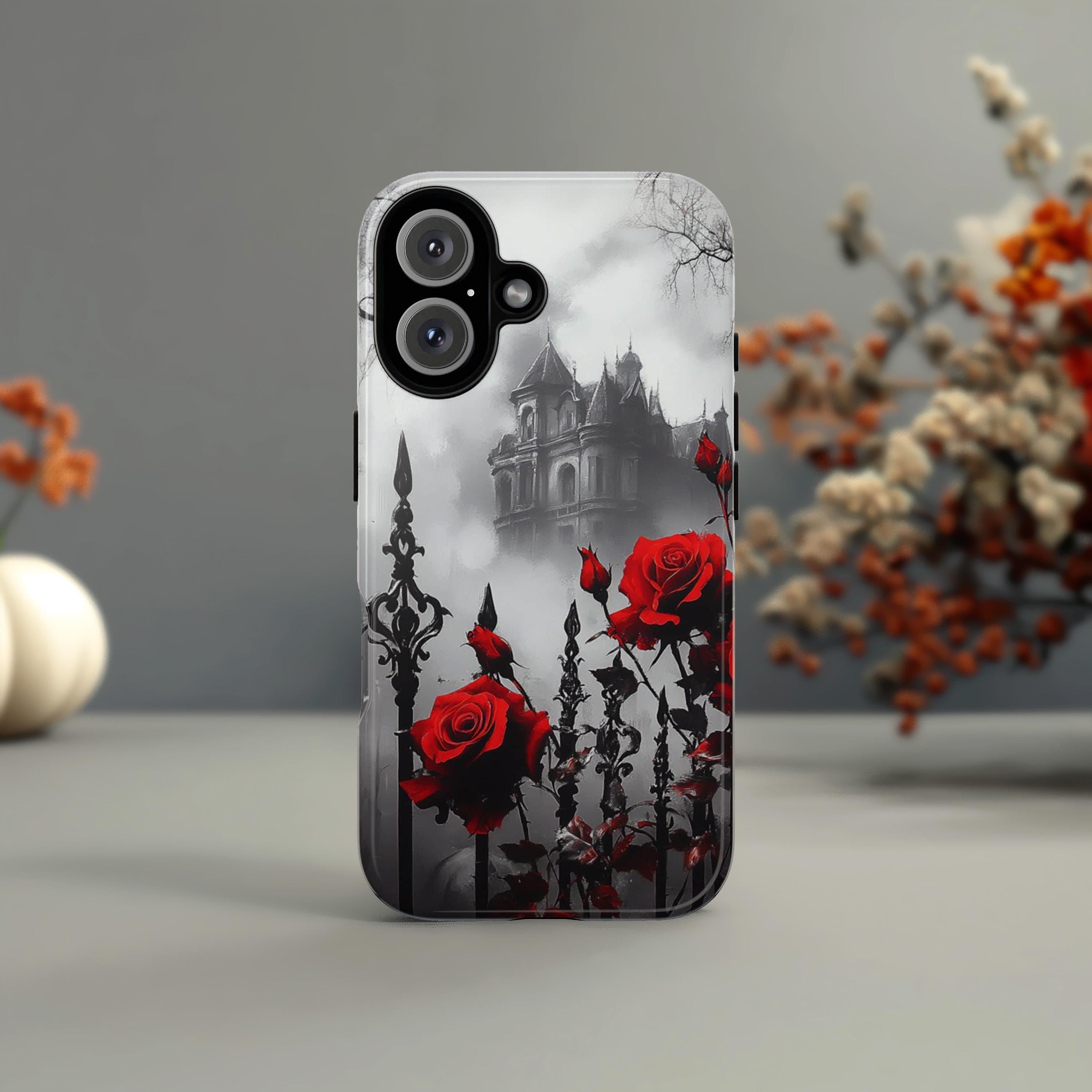 Gothic Castle & Red Roses Floral Fantasy Art, Dark Aesthetic Design, Elegant Gothic Accessory for iPhone 16, Samsung S25, Pixel 9, 463.4