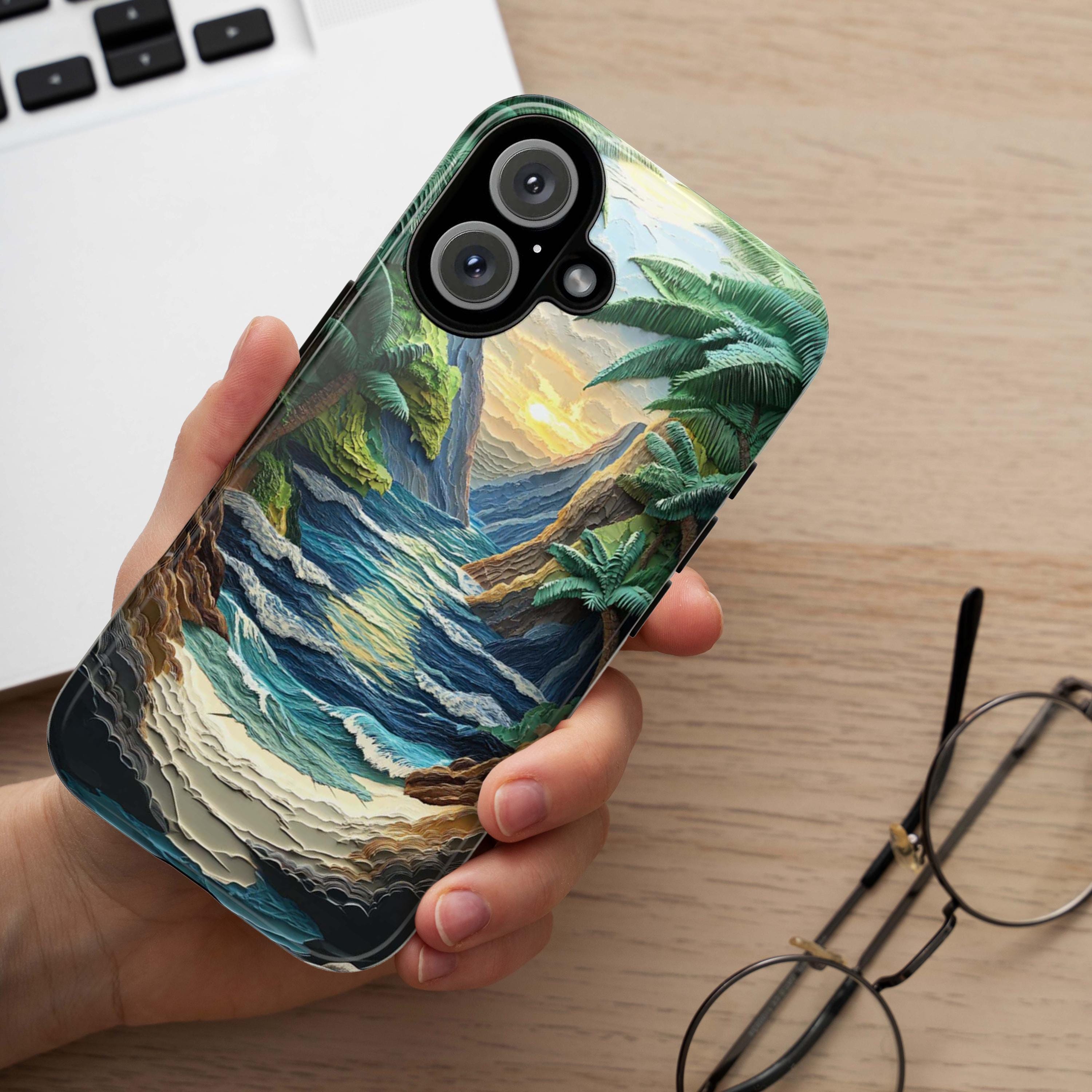 Mountain & Beach Wave Phone Case, 3D Paper Style Design, Layered Nature Landscape Cover for iPhone 16 15 Tough or Magsafe, Samsung, 470.5