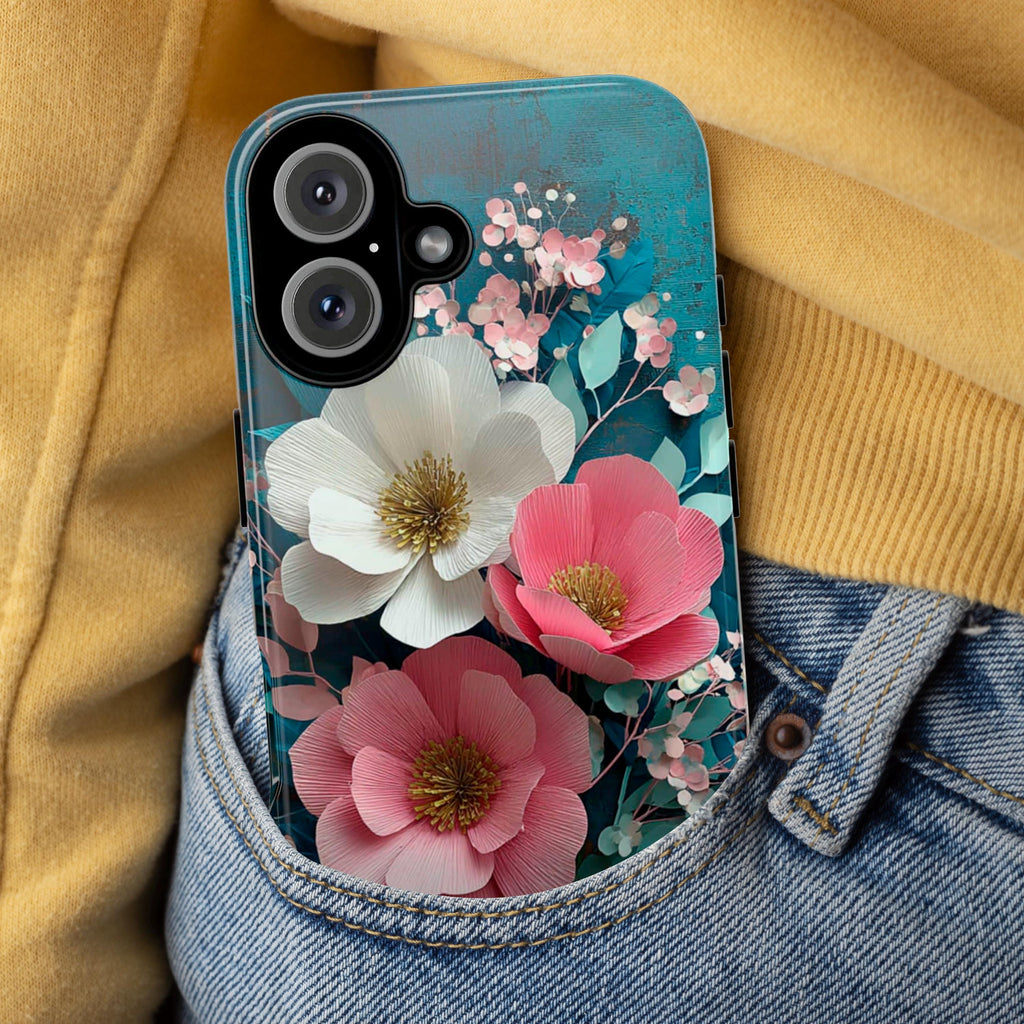 Rustic Paper Art Floral Phone Case with White & Pink Flowers, 3D Botanical Design for iPhone 16 15 14 13 Tough or Magsafe, Samsung, 470.16